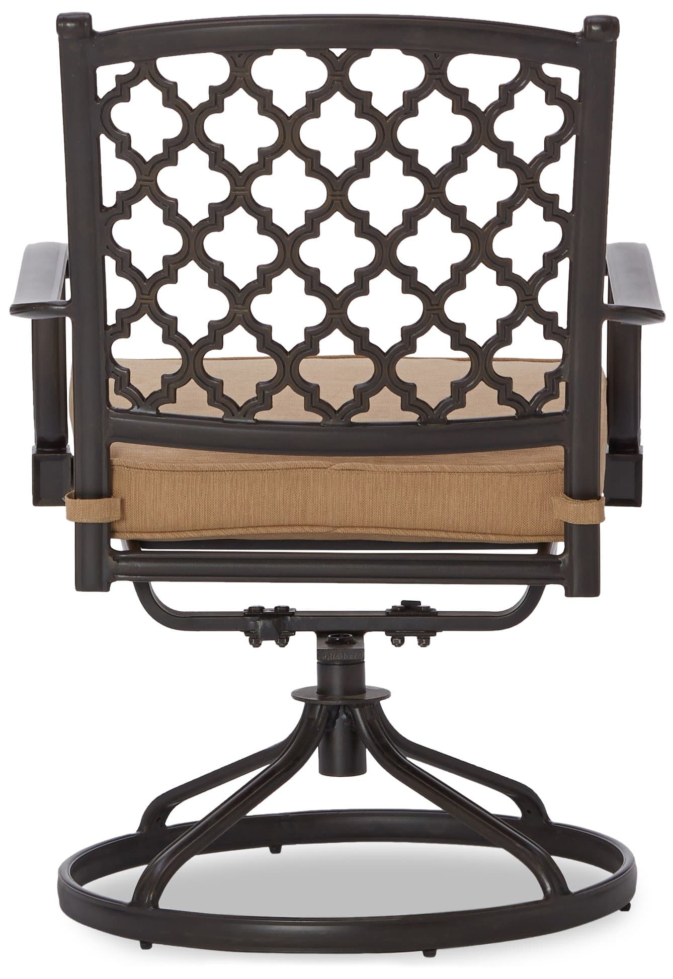 Straight front view of a Strathwood Whidbey swivel dining chair, showing the lattice back and circular base.