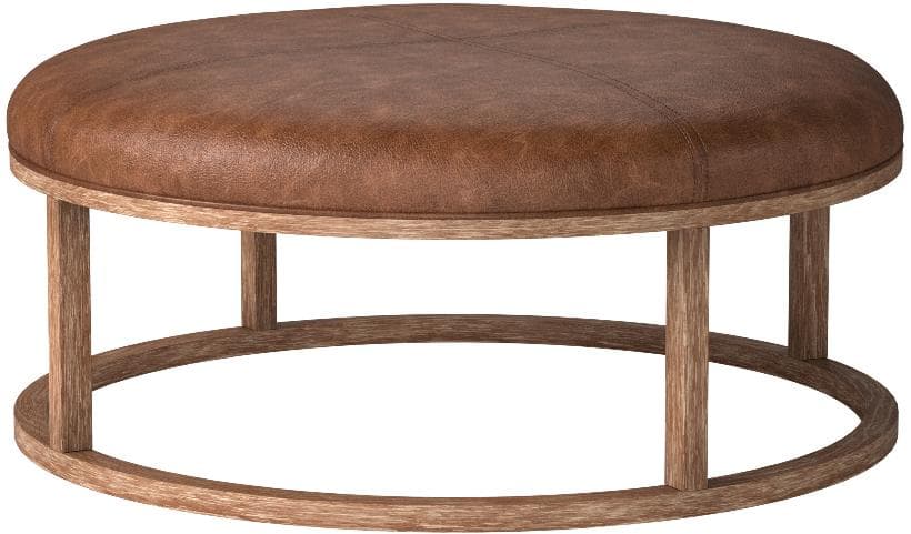 Stone & Beam Norah saddle-brown leather ottoman, rotated view of the stitched leather top and circular wood frame.