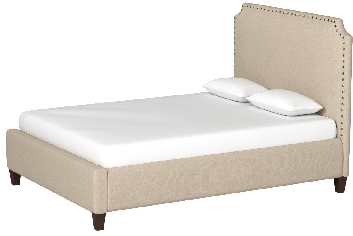 Stone & Beam Tisbury queen bed in Spinnsol Cocoa, opposite front three-quarter view.