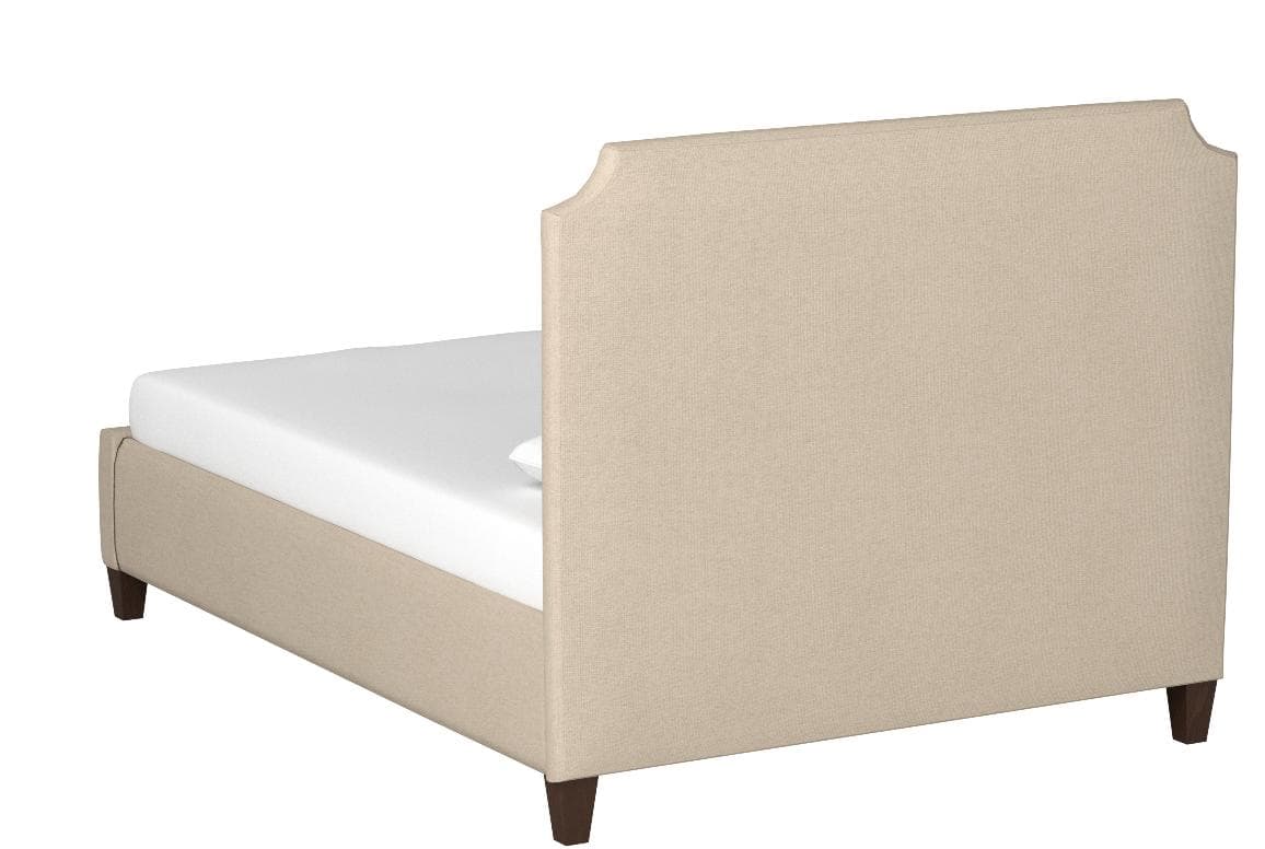 Stone & Beam Tisbury queen bed in Spinnsol Cocoa, rear three-quarter view.