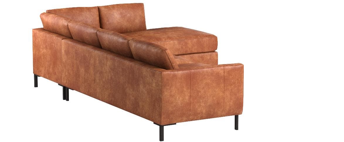 Rivet Edgewest saddle leather right-facing sectional, opposite rear three-quarter view.