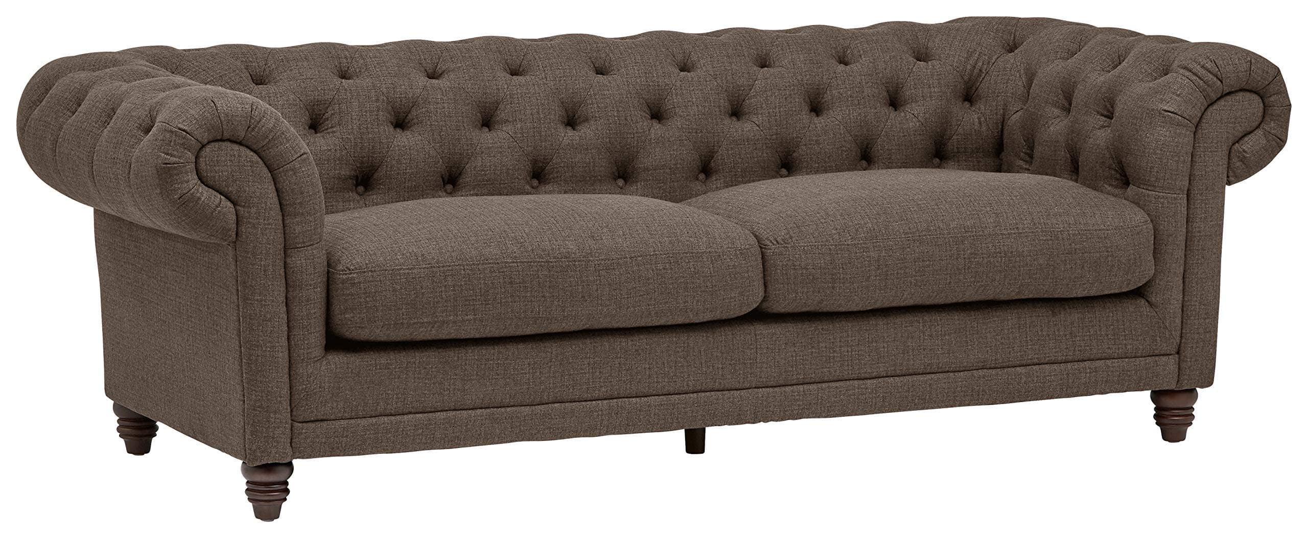 Stone & Beam Bradbury warm-grey Chesterfield sofa, front three-quarter view.