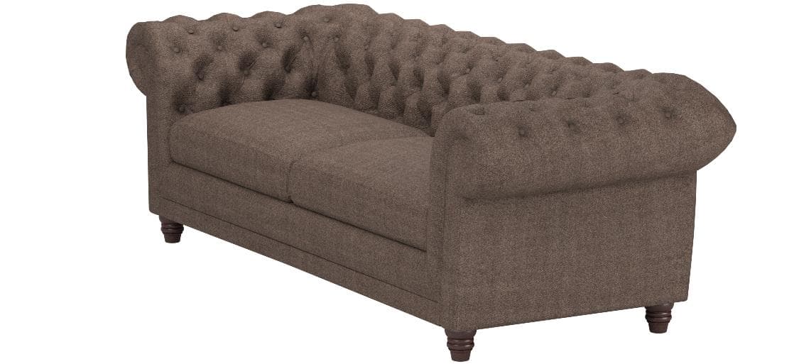 Stone & Beam Bradbury warm-grey Chesterfield sofa, opposite front three-quarter view.