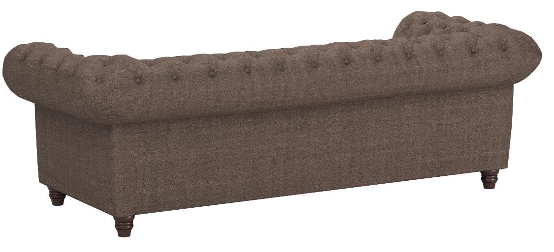Stone & Beam Bradbury warm-grey Chesterfield sofa, rear three-quarter view.