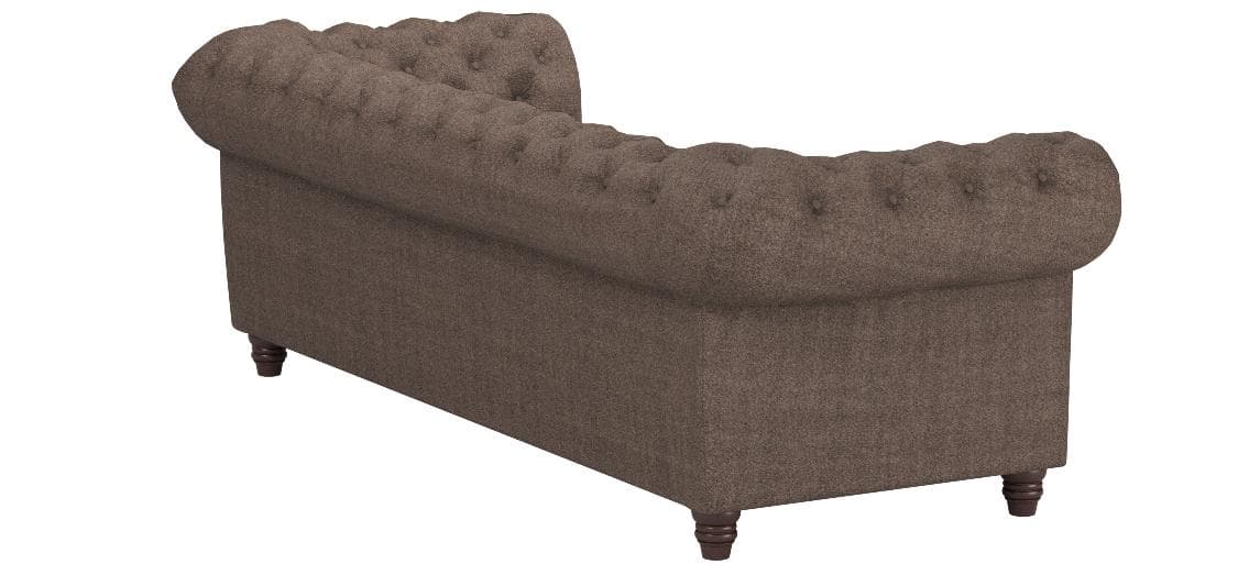 Stone & Beam Bradbury warm-grey Chesterfield sofa, opposite rear three-quarter view.