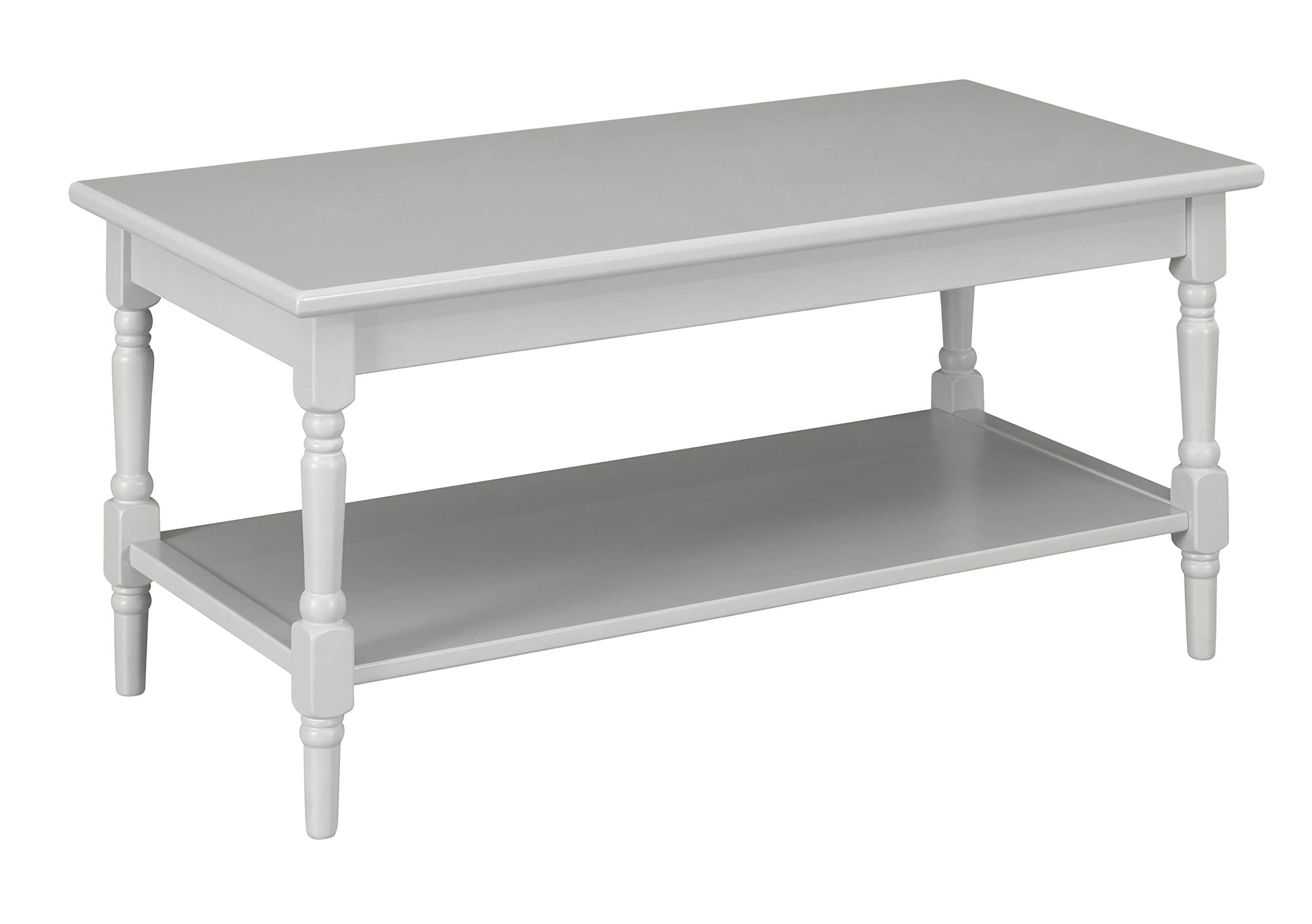 Ravenna Home Angela grey coffee table with turned legs and lower shelf, three-quarter view.