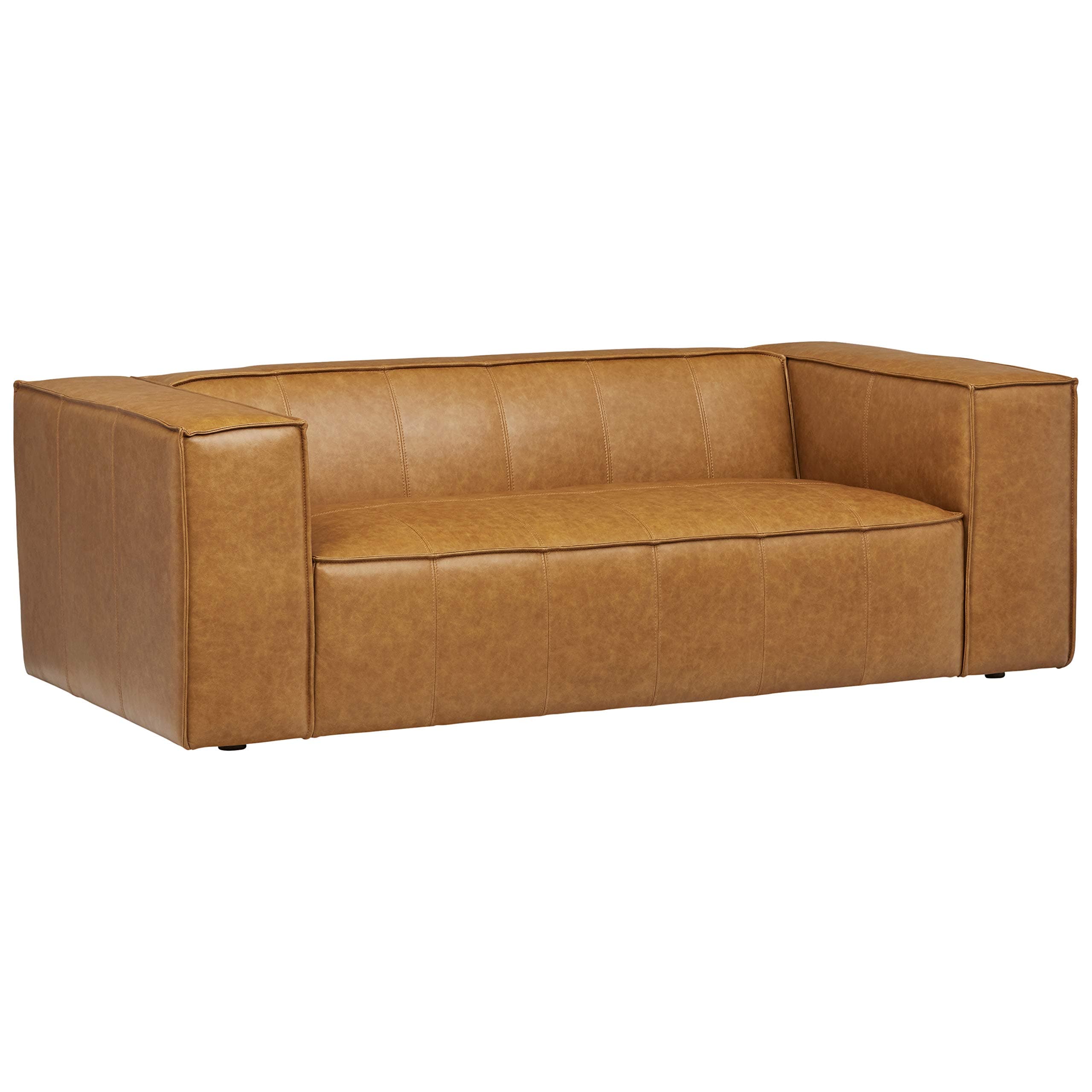 Rivet Thomas caramel leather sofa, front three-quarter view on white.