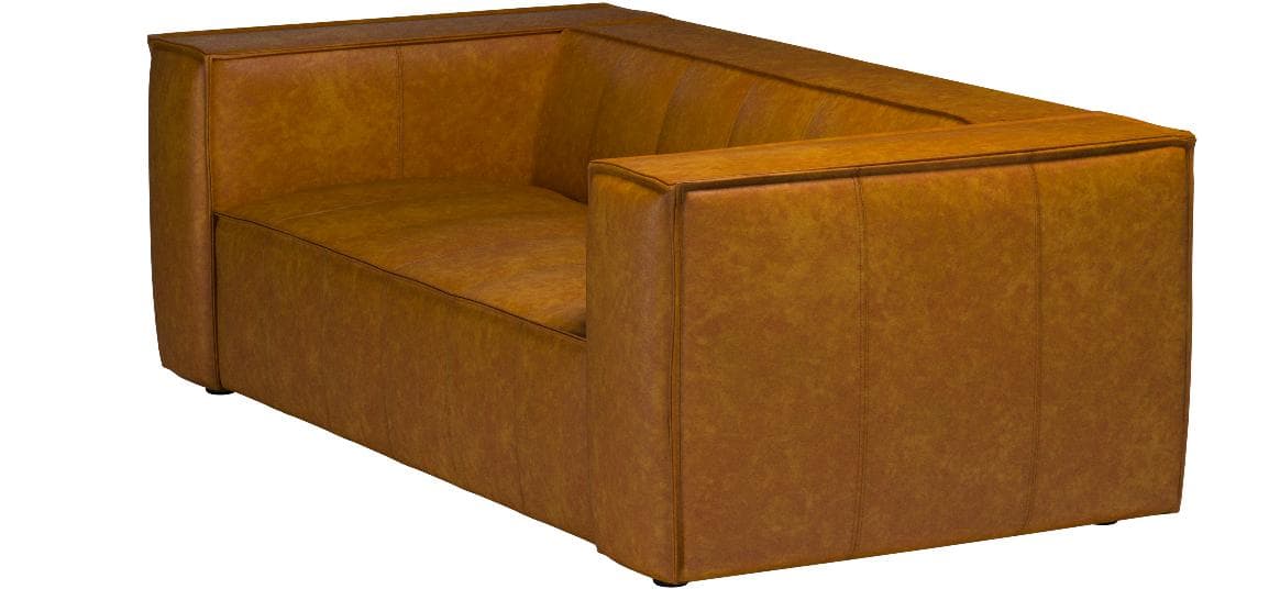Rivet Thomas caramel leather sofa, opposite front three-quarter view.