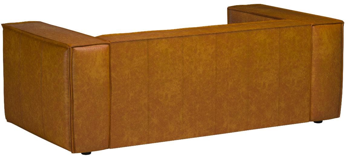 Rivet Thomas caramel leather sofa, rear three-quarter view.