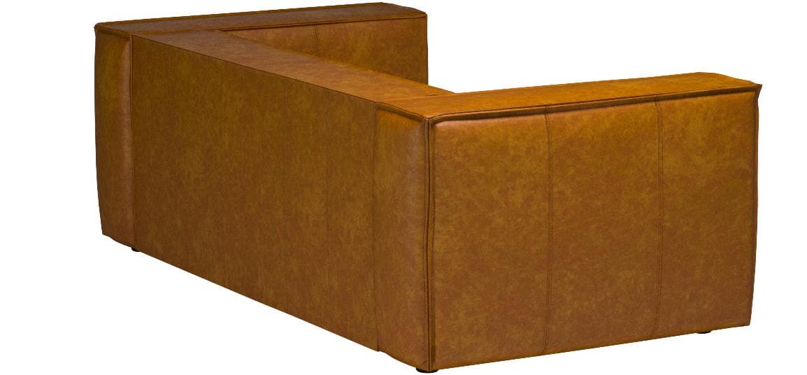 Rivet Thomas caramel leather sofa, opposite rear three-quarter view.