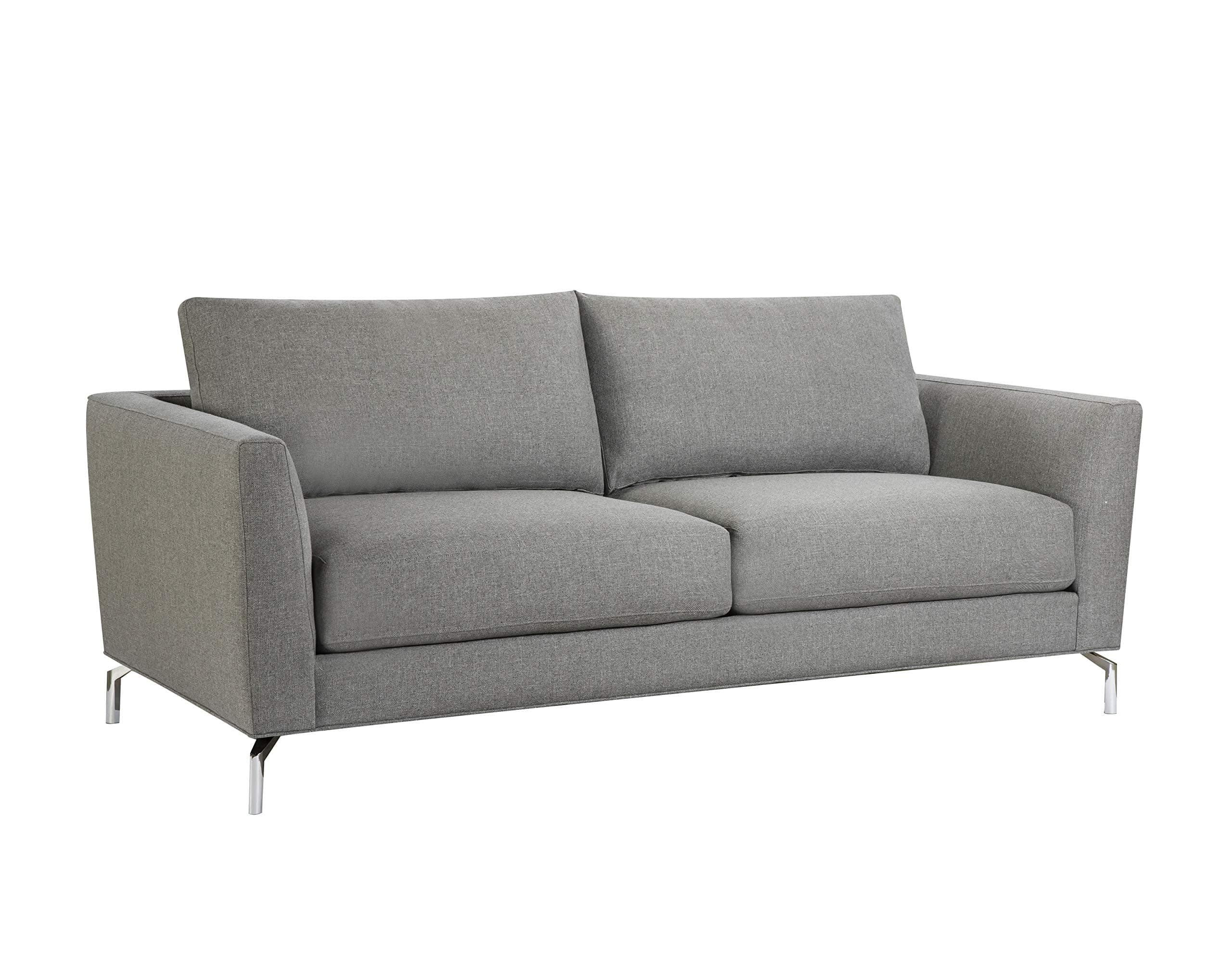 Rivet Emerly steel-grey sofa with metal legs, front three-quarter view.