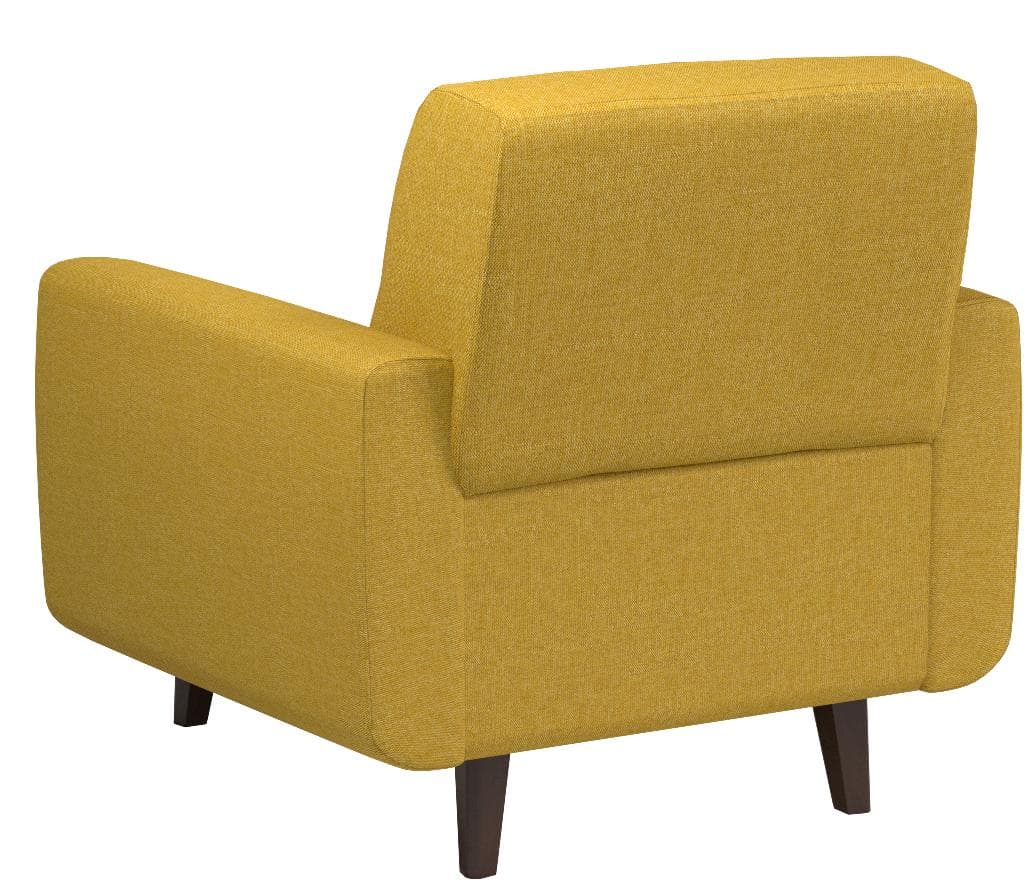 Rivet Sloane yellow armchair, rear three-quarter view.