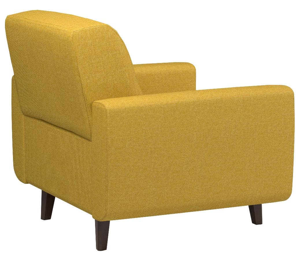 Rivet Sloane yellow armchair, opposite rear three-quarter view.