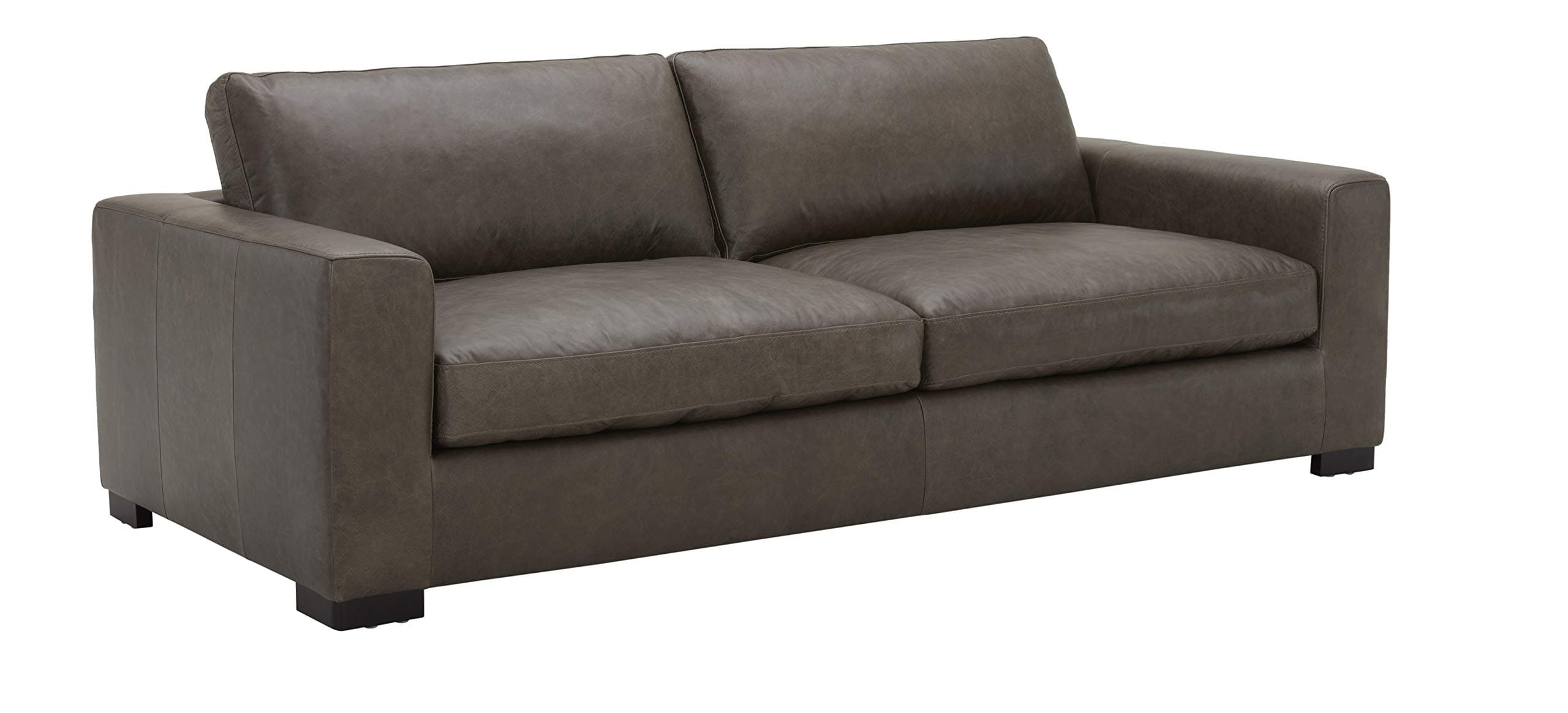Stone & Beam Westview dark-grey leather sofa, front three-quarter view.