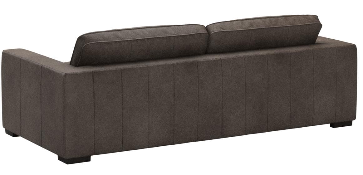 Stone & Beam Westview dark-grey leather sofa, rear three-quarter view.