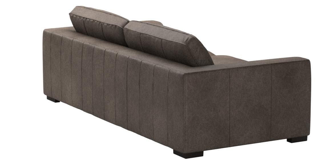 Stone & Beam Westview dark-grey leather sofa, opposite rear three-quarter view.