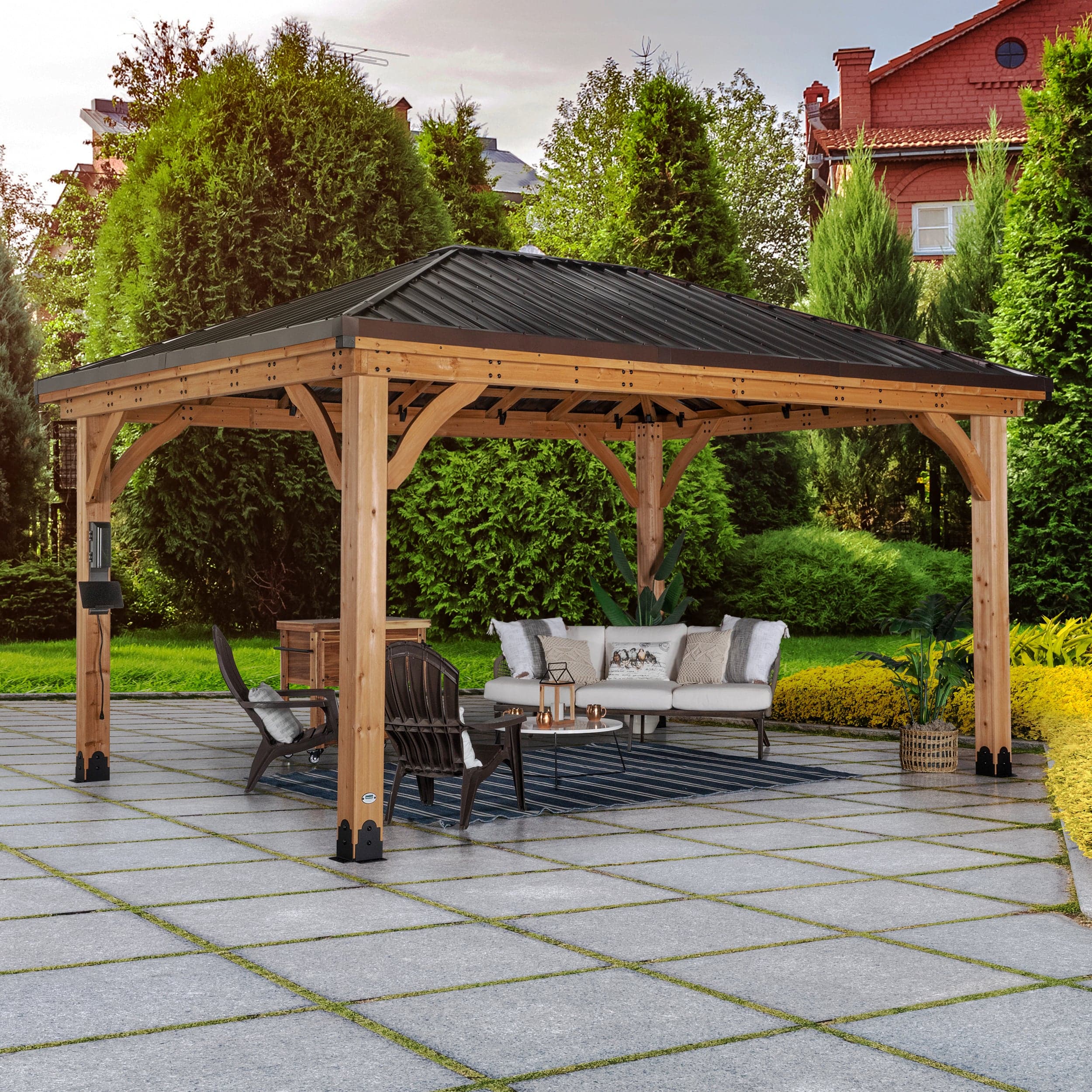 Three-quarter view of the cedar Barrington gazebo with outdoor seating