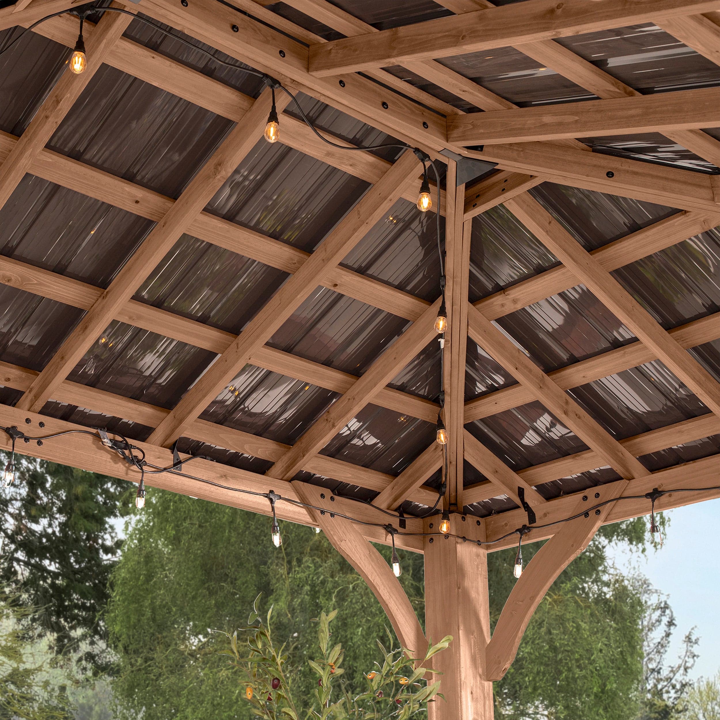Interior roof framing and hip roof from below