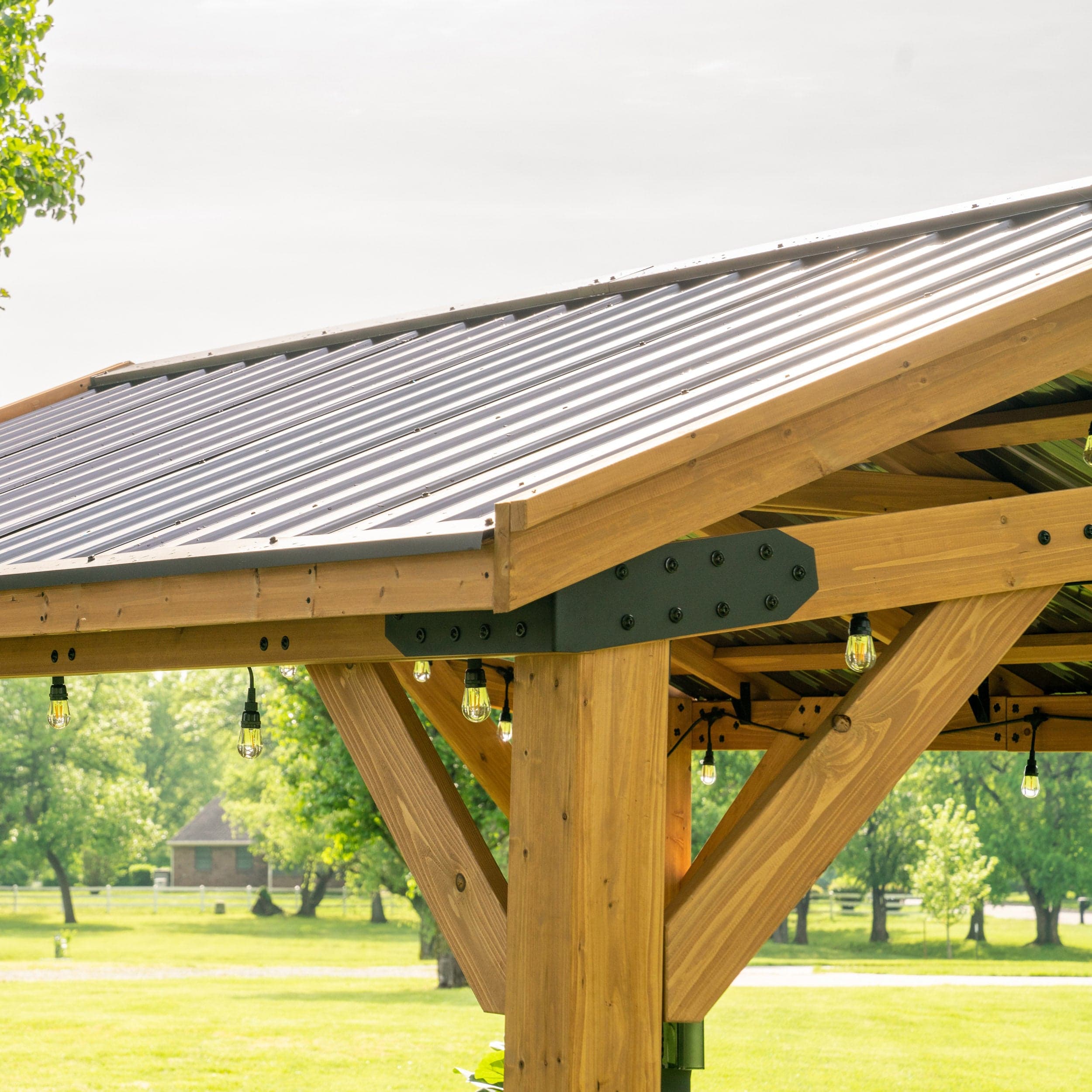 Exterior roof edge and cedar corner support from a separate viewpoint