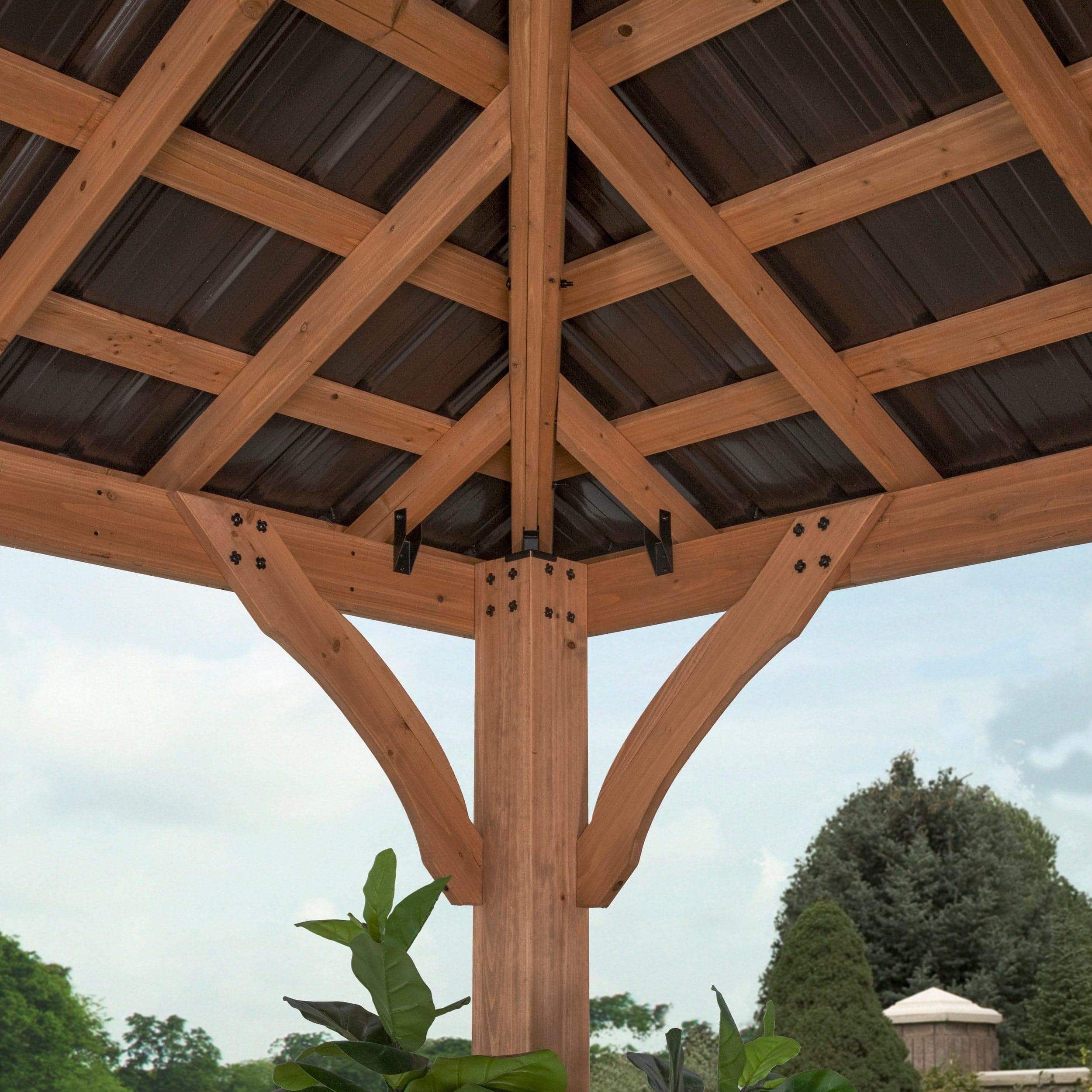 Interior corner showing cedar corbels and steel connections