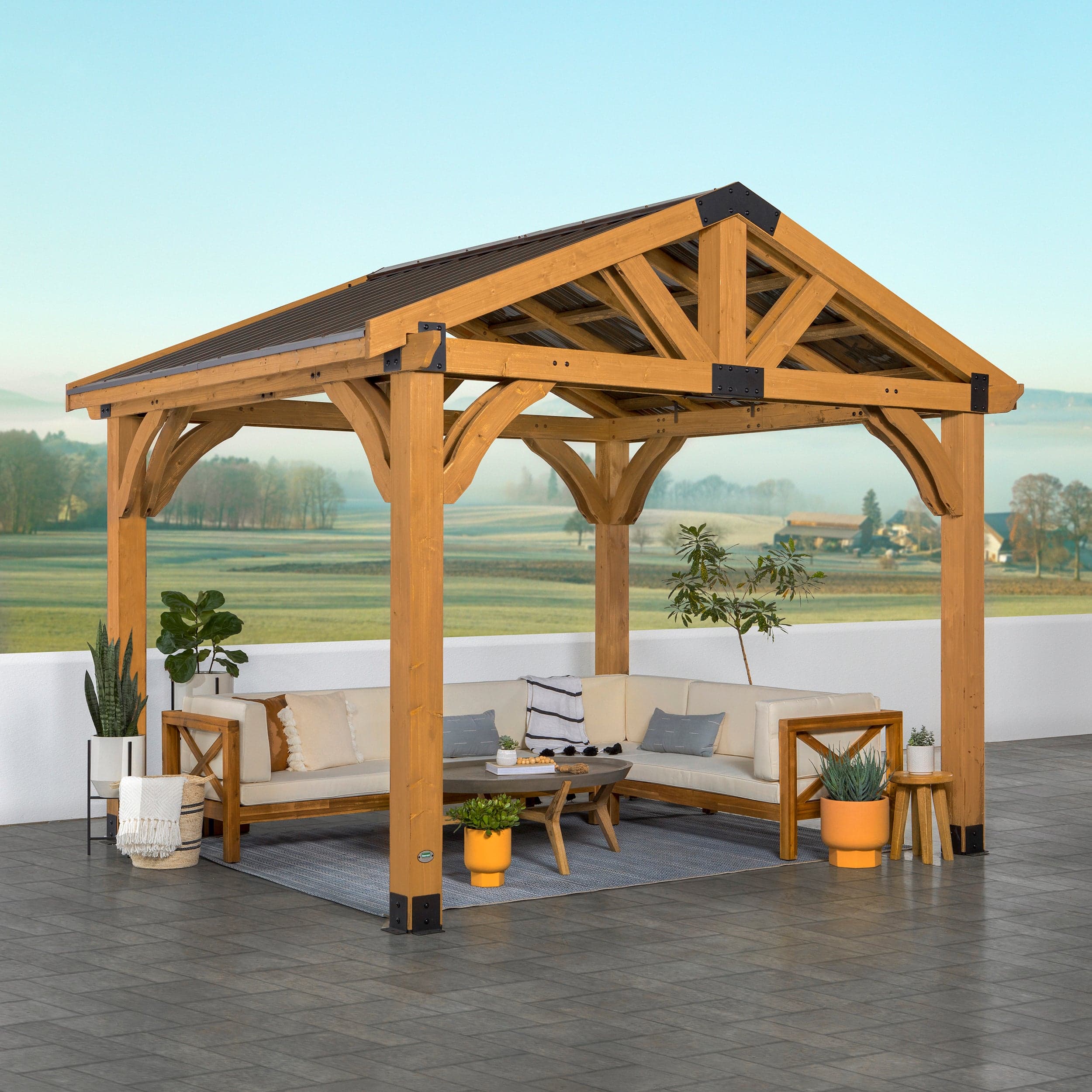 Three-quarter view of the light brown Arlington cedar gazebo