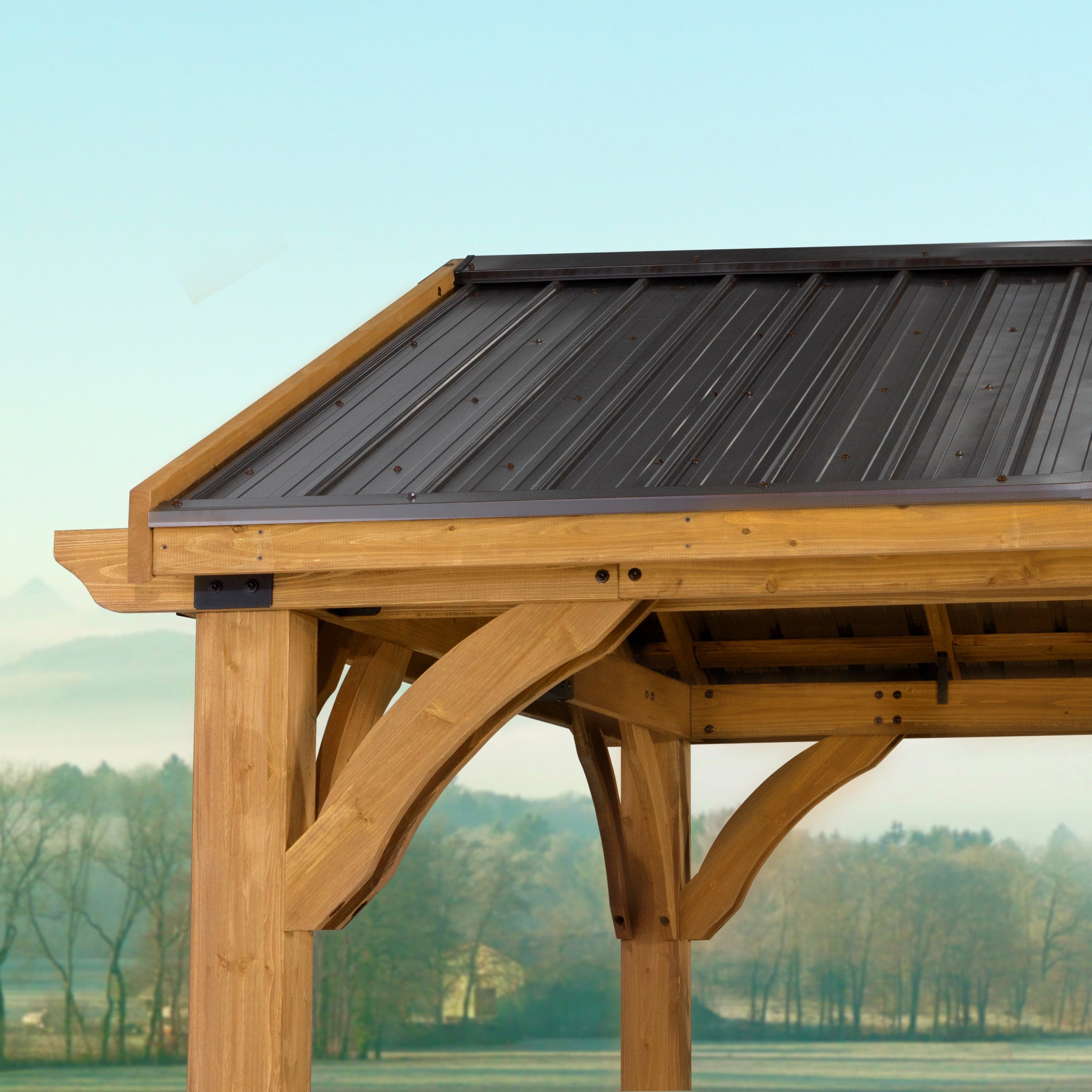 Exterior close view showing the steel peak roof and cedar corner post