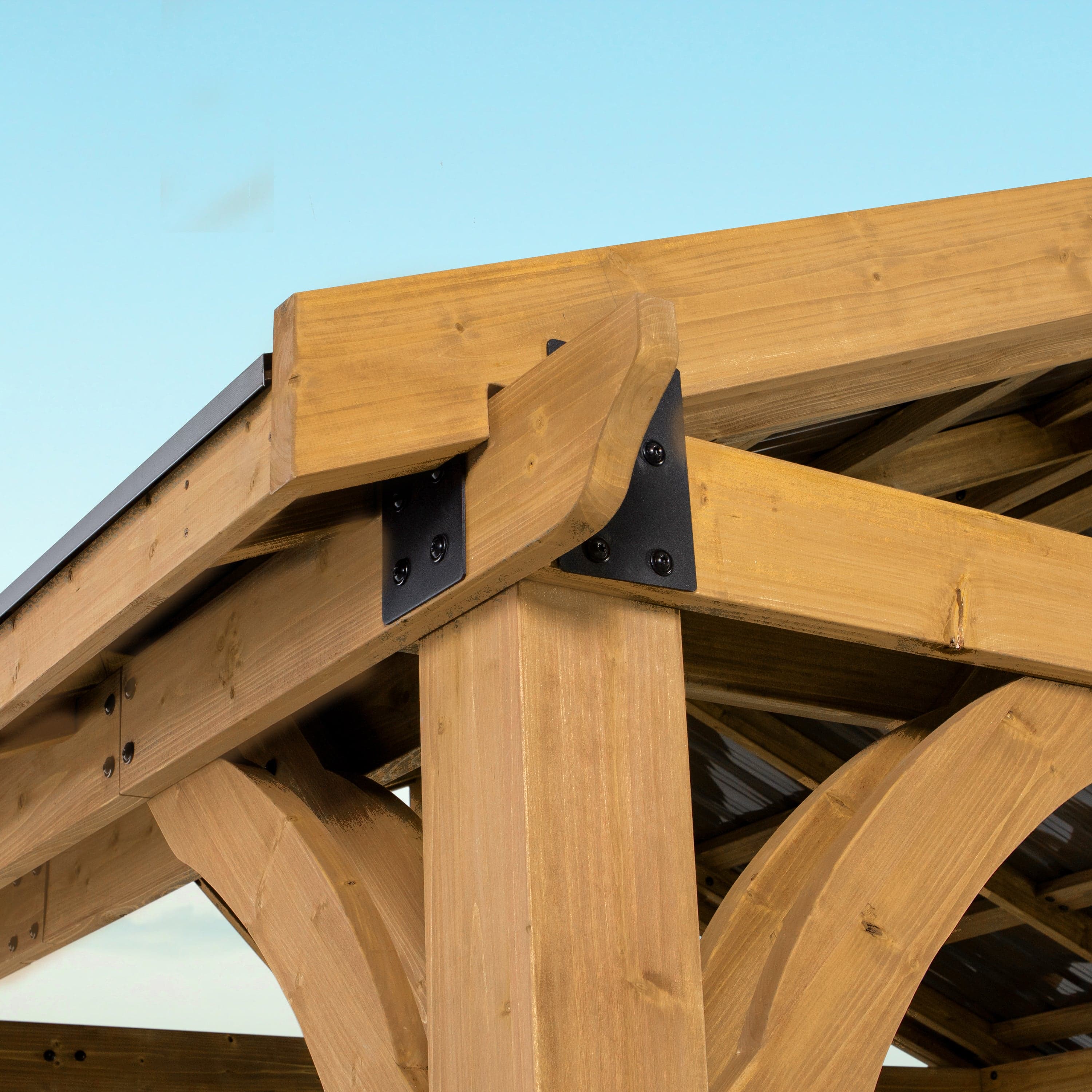 Independent interior corner view of the cedar beams and black support bracket