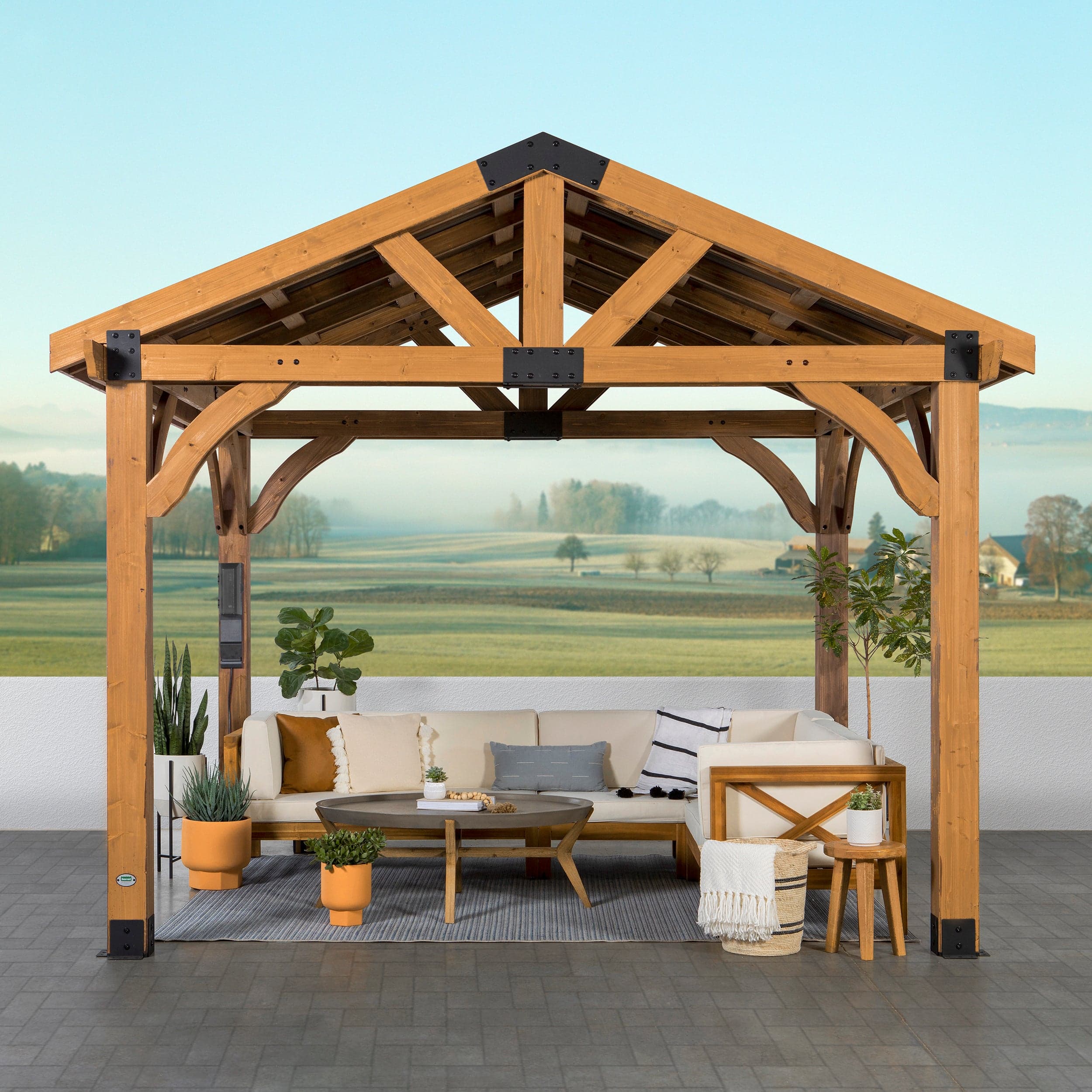 Front view of the light brown Arlington gazebo with outdoor seating