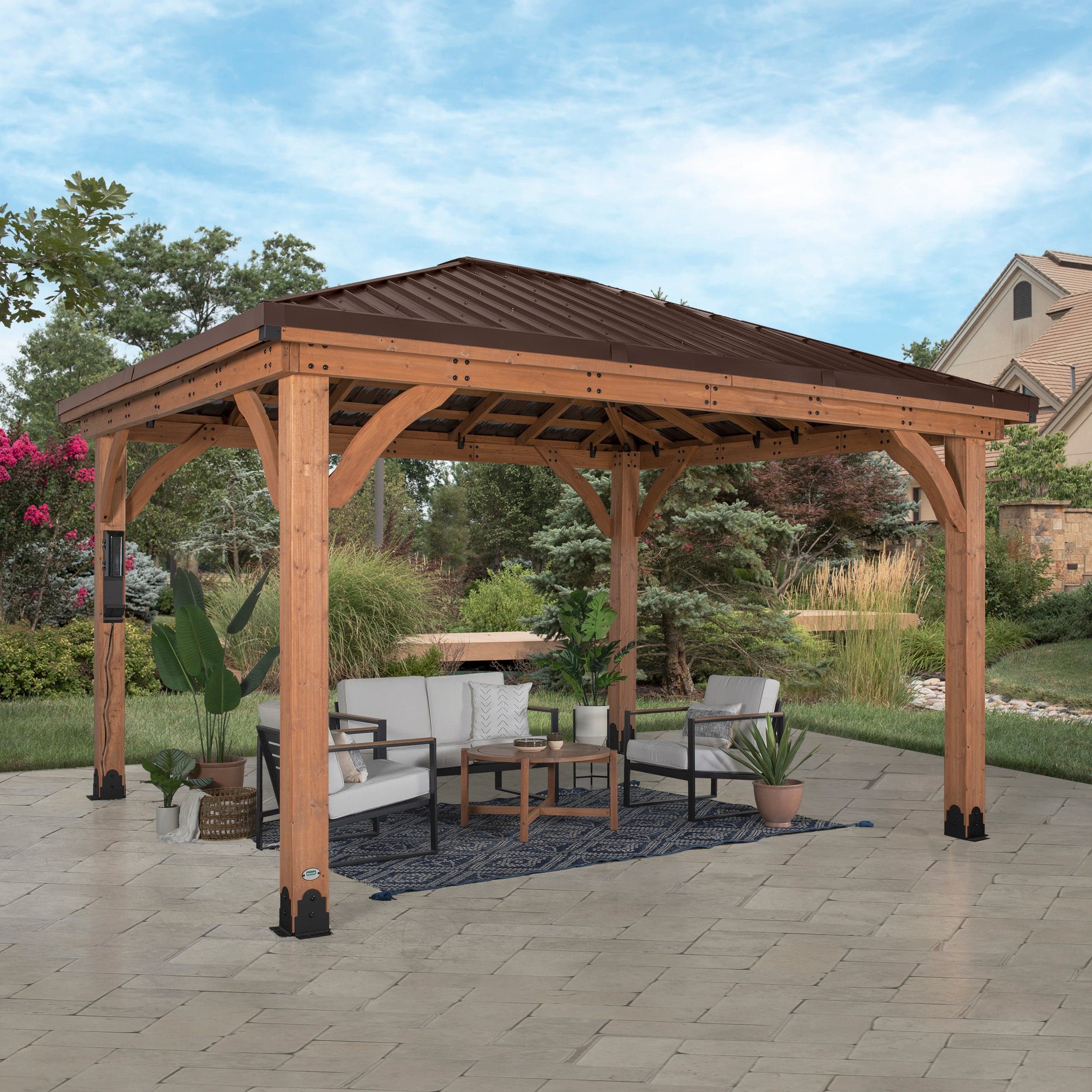 Three-quarter view of the Barrington gazebo with an outdoor seating arrangement