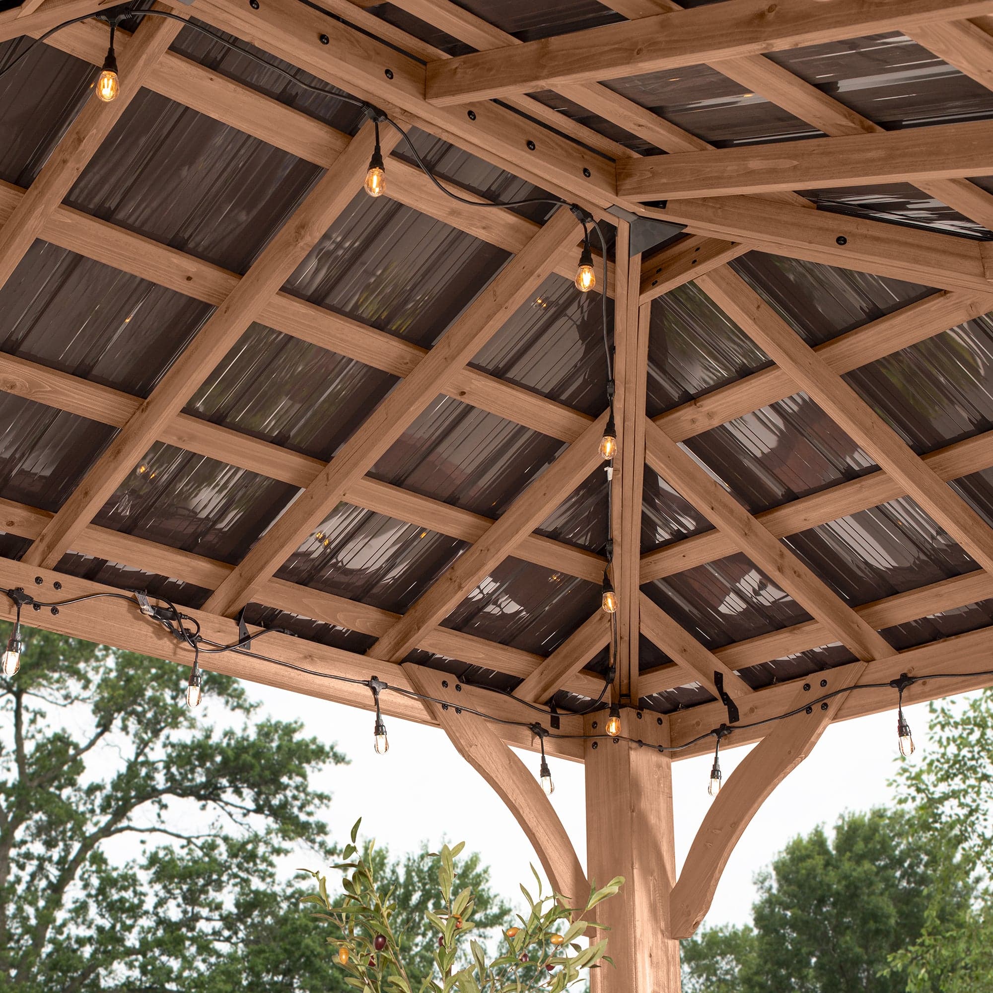 Interior corner viewed upward through the cedar frame