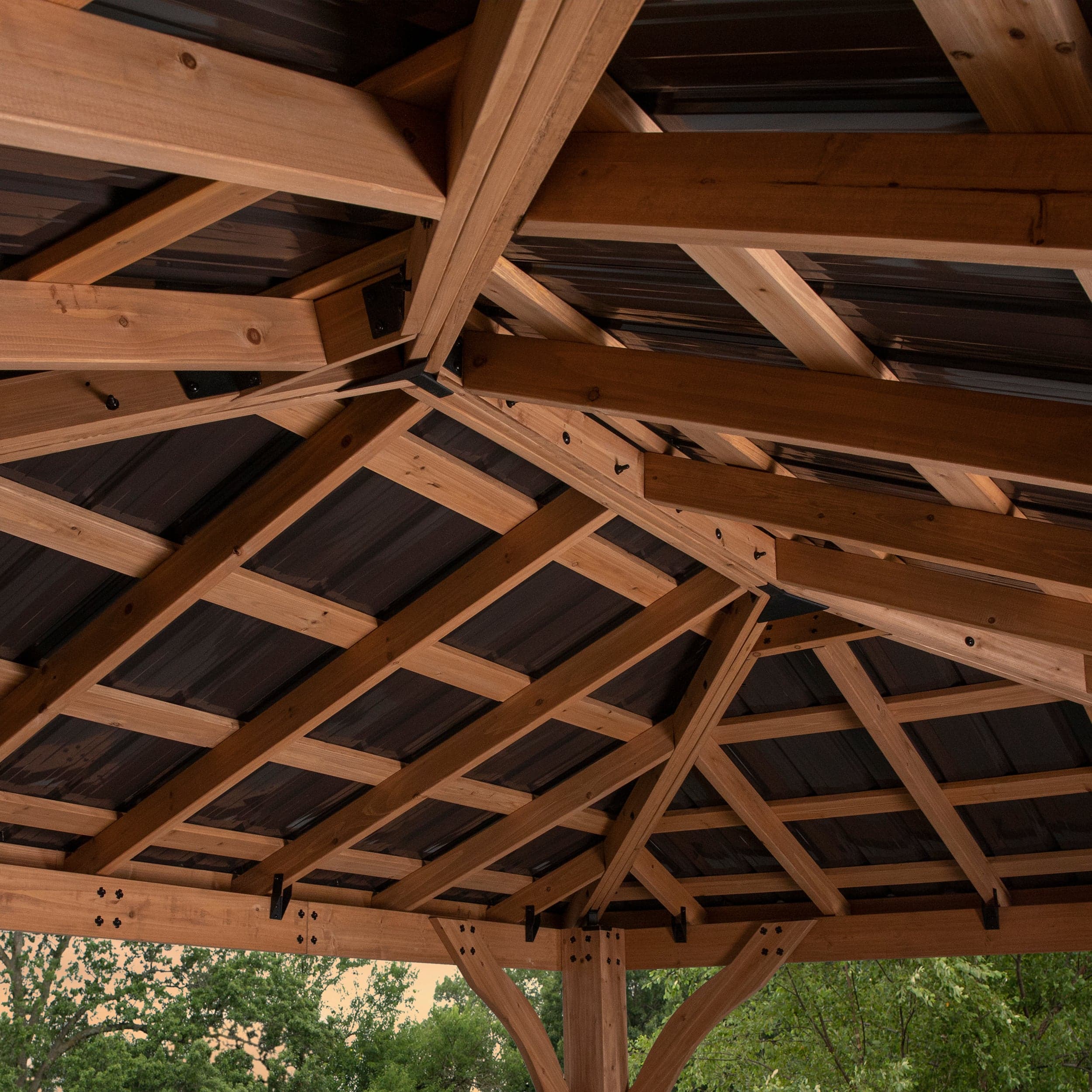 Alternate upward view of the hip roof framing and galvanized panels