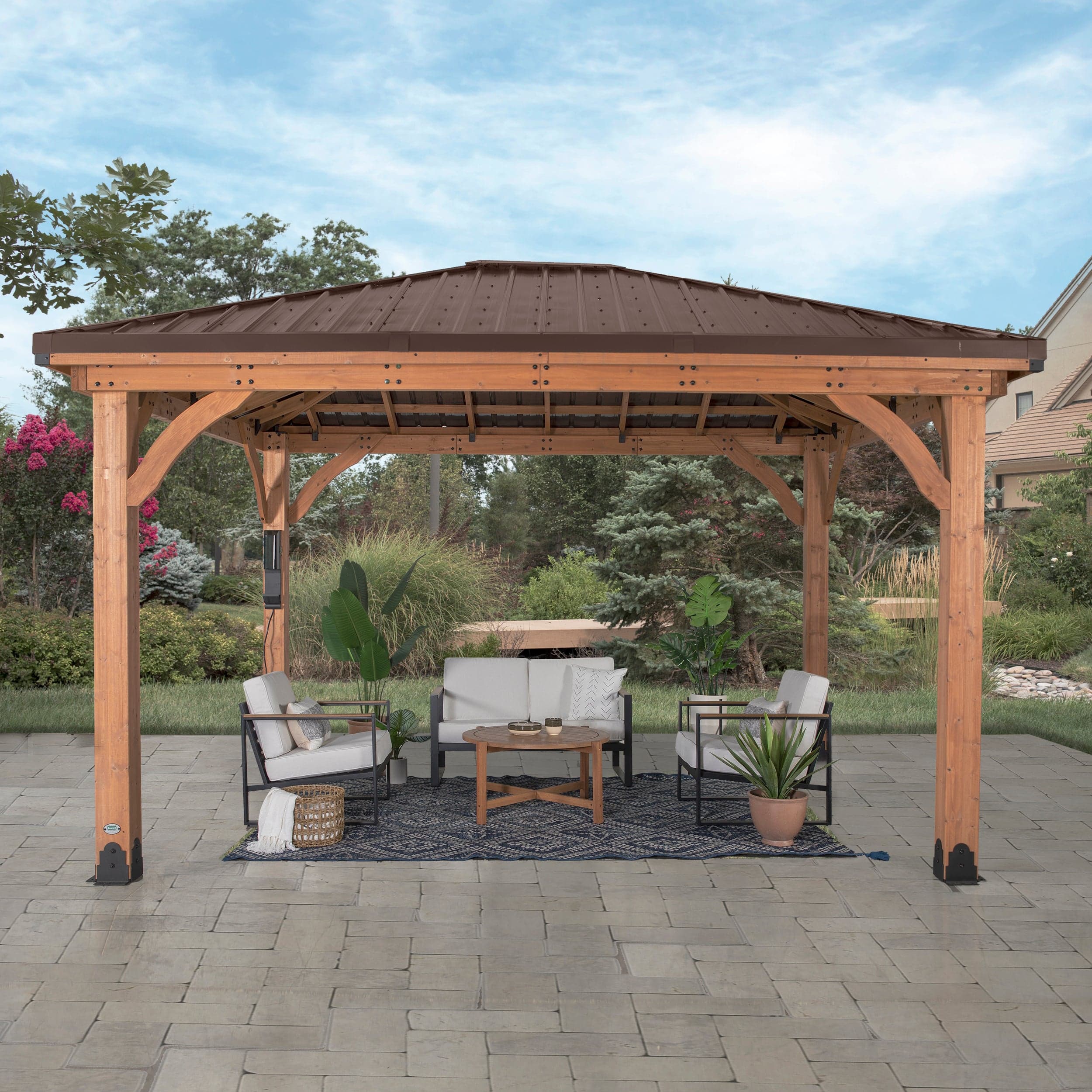 Front view of the Barrington gazebo on a garden patio