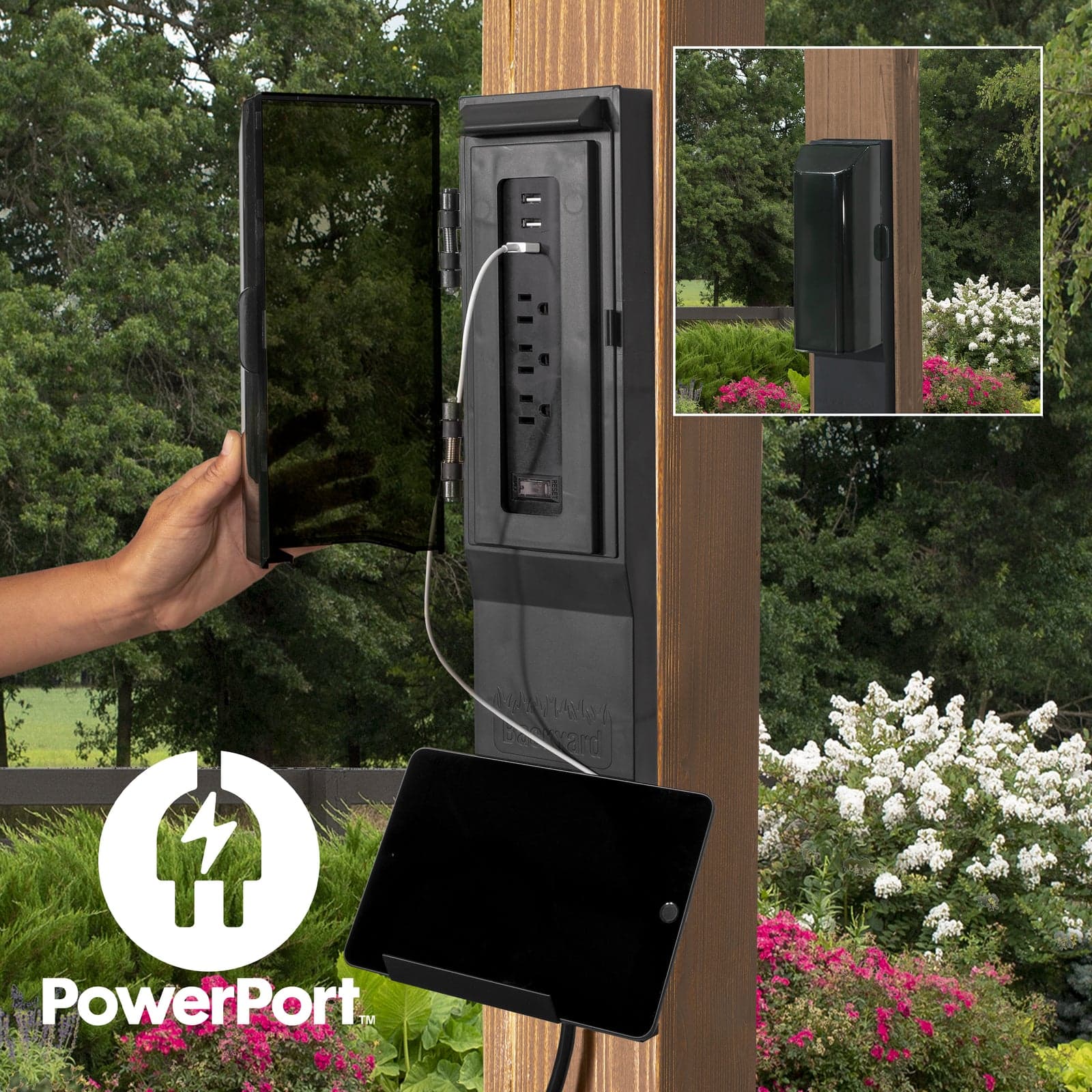 Included PowerPort module fitted to a cedar post
