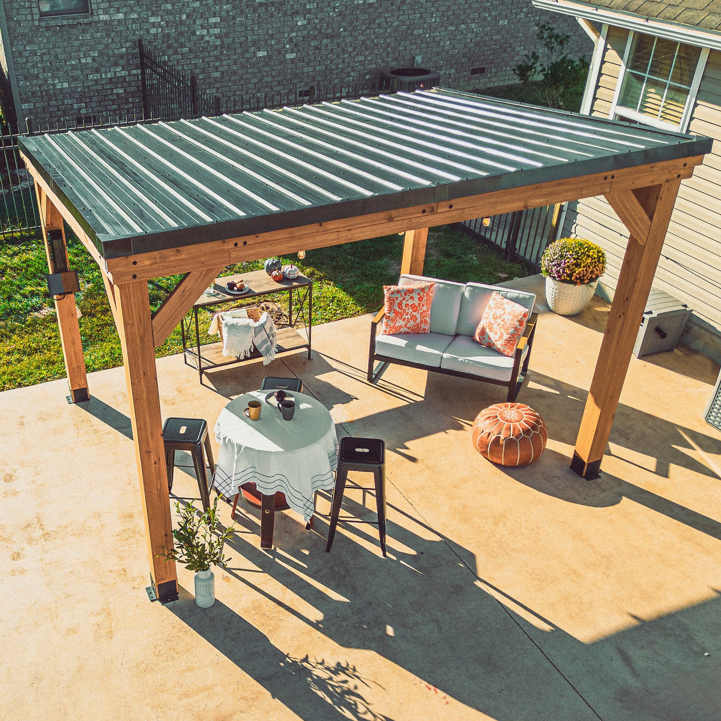 High angle view of the gazebo and its galvanized steel roof