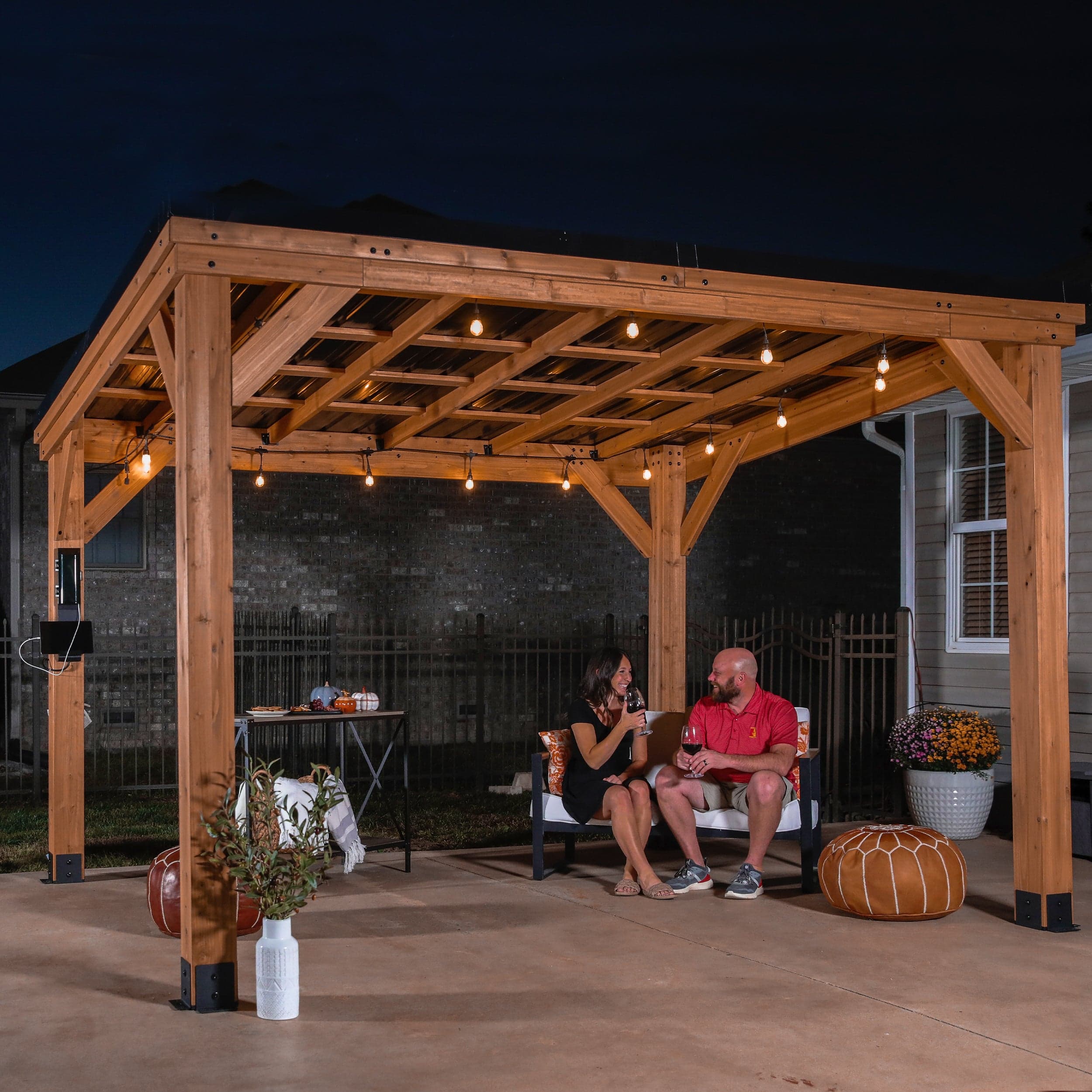 Evening view showing the gazebo in use for outdoor relaxation