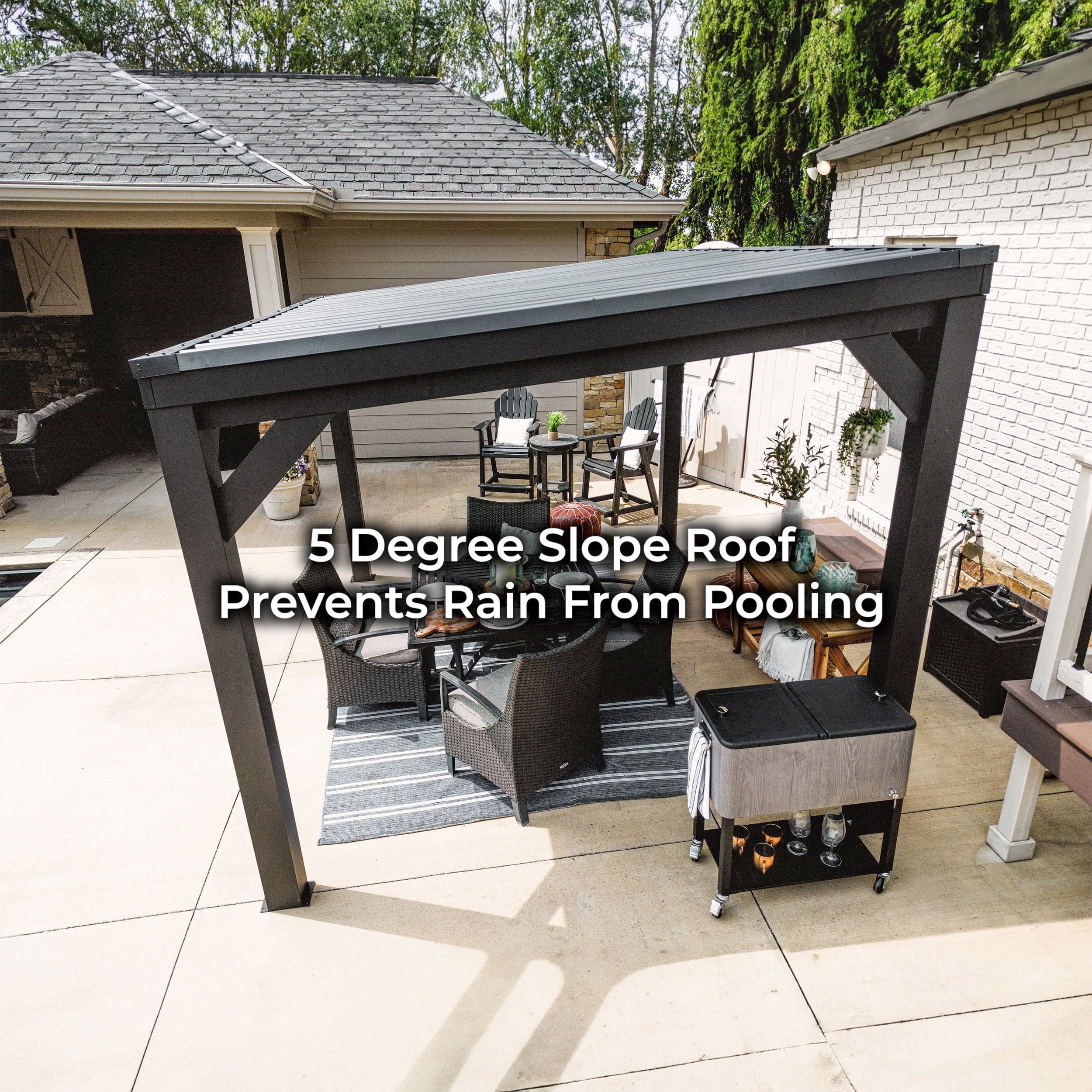 Elevated view showing the sloped metal roof and dining area