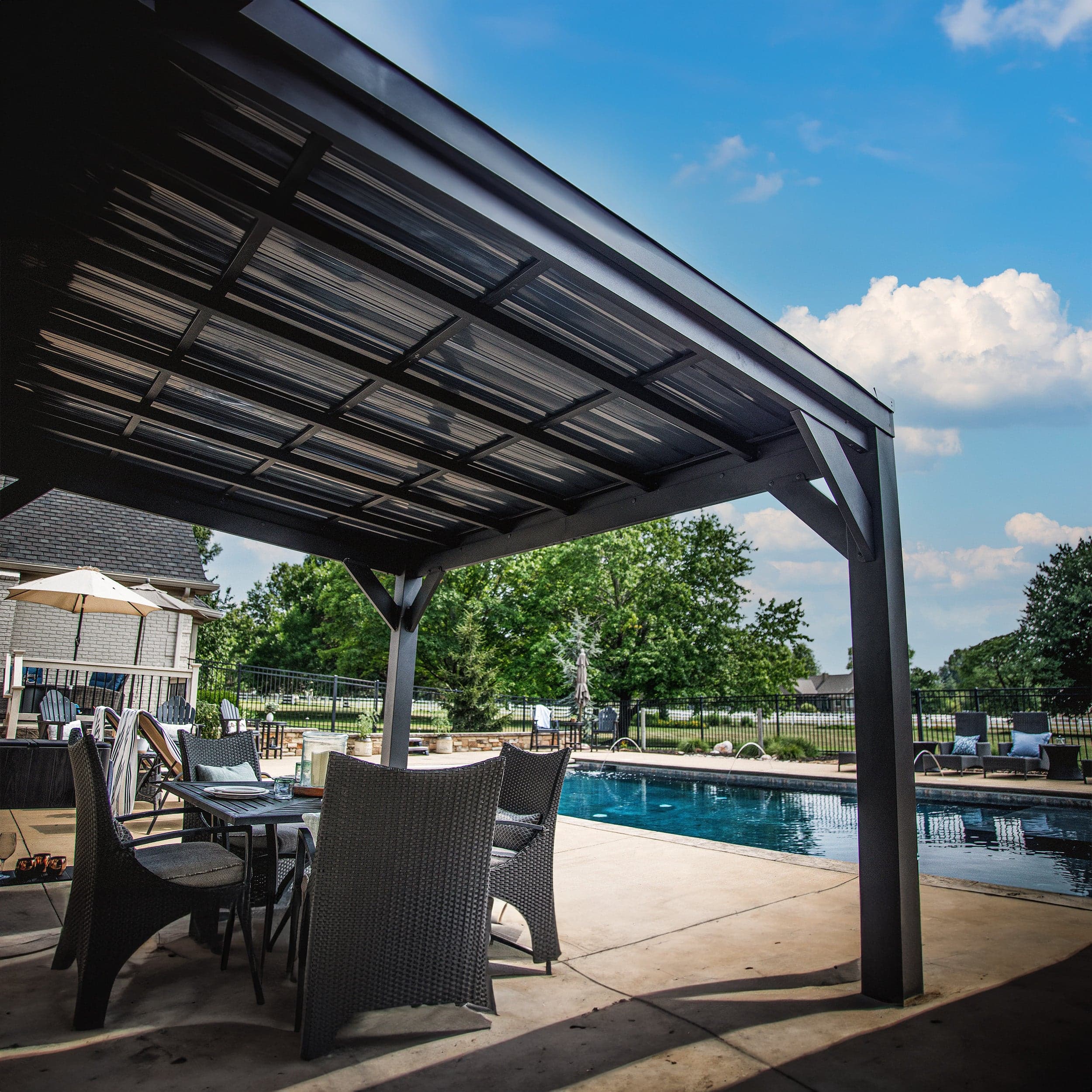 View from under the gazebo showing its steel roof and frame