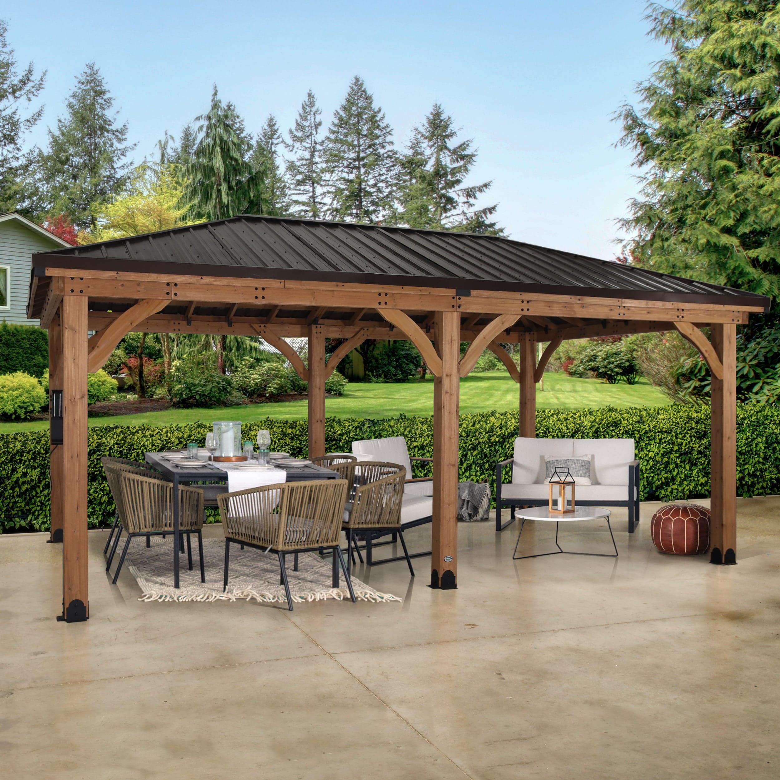 Three-quarter view of the large cedar Barrington gazebo with outdoor seating