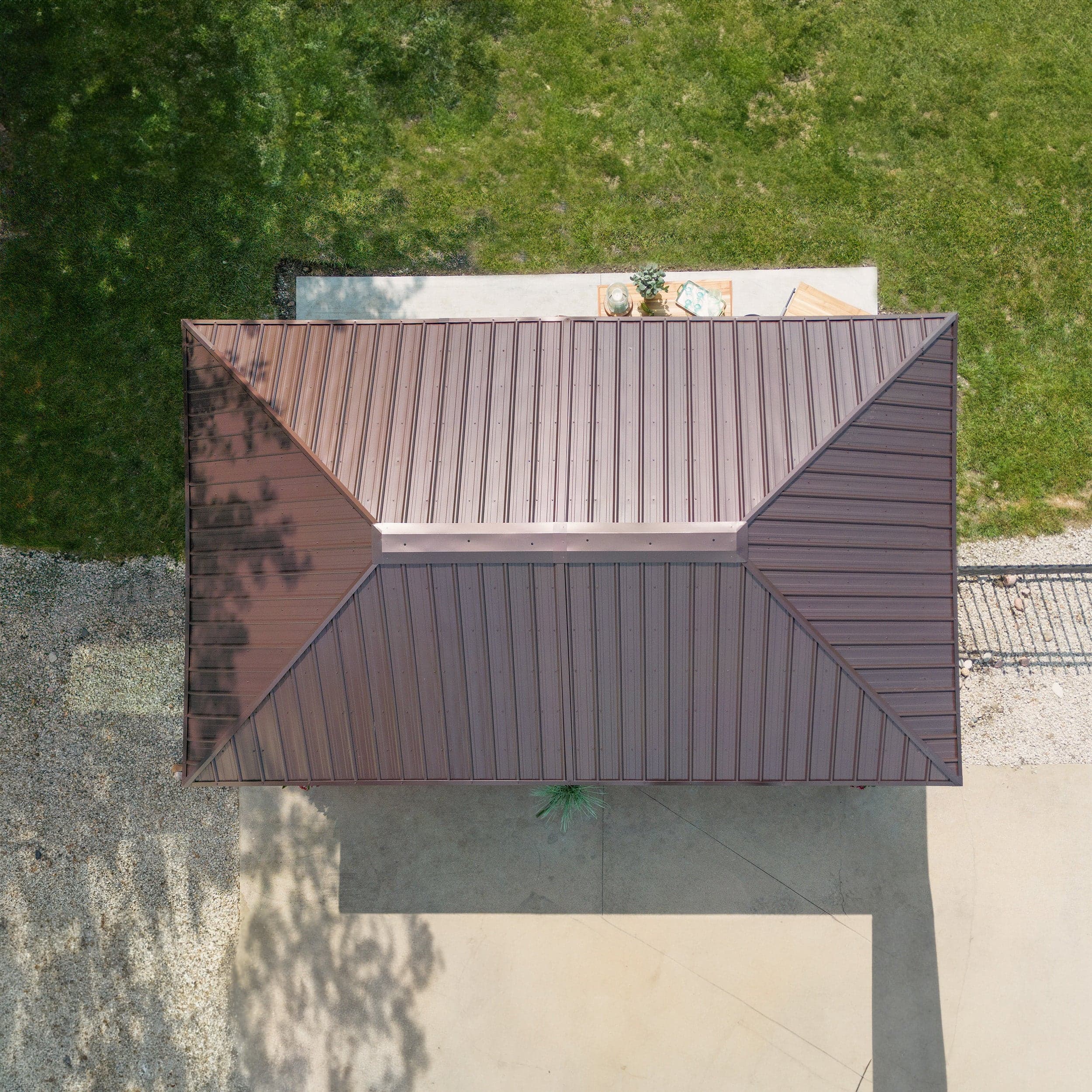 Overhead view showing the complete hip roof