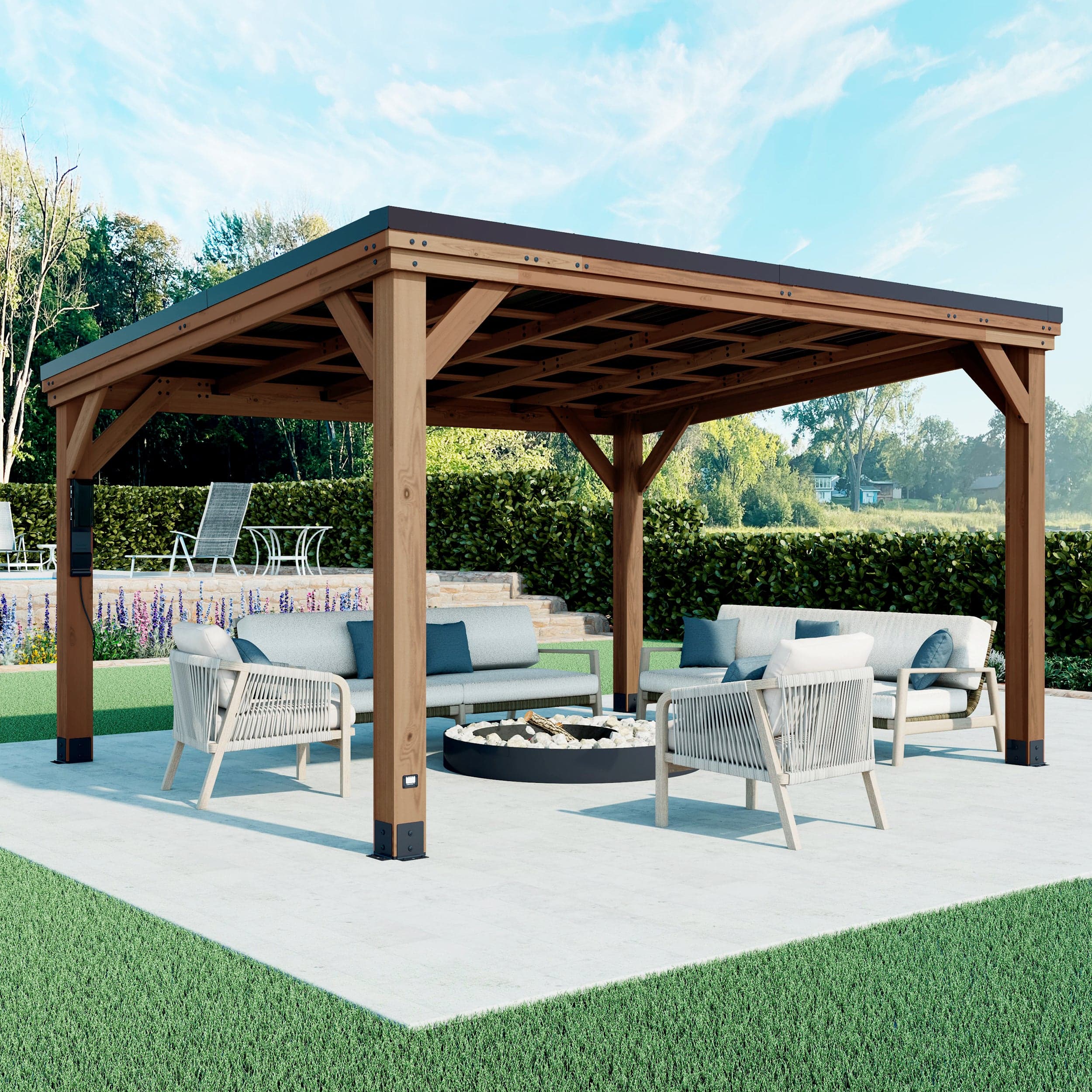 Arcadia gazebo with a sloped steel roof covering a patio seating area
