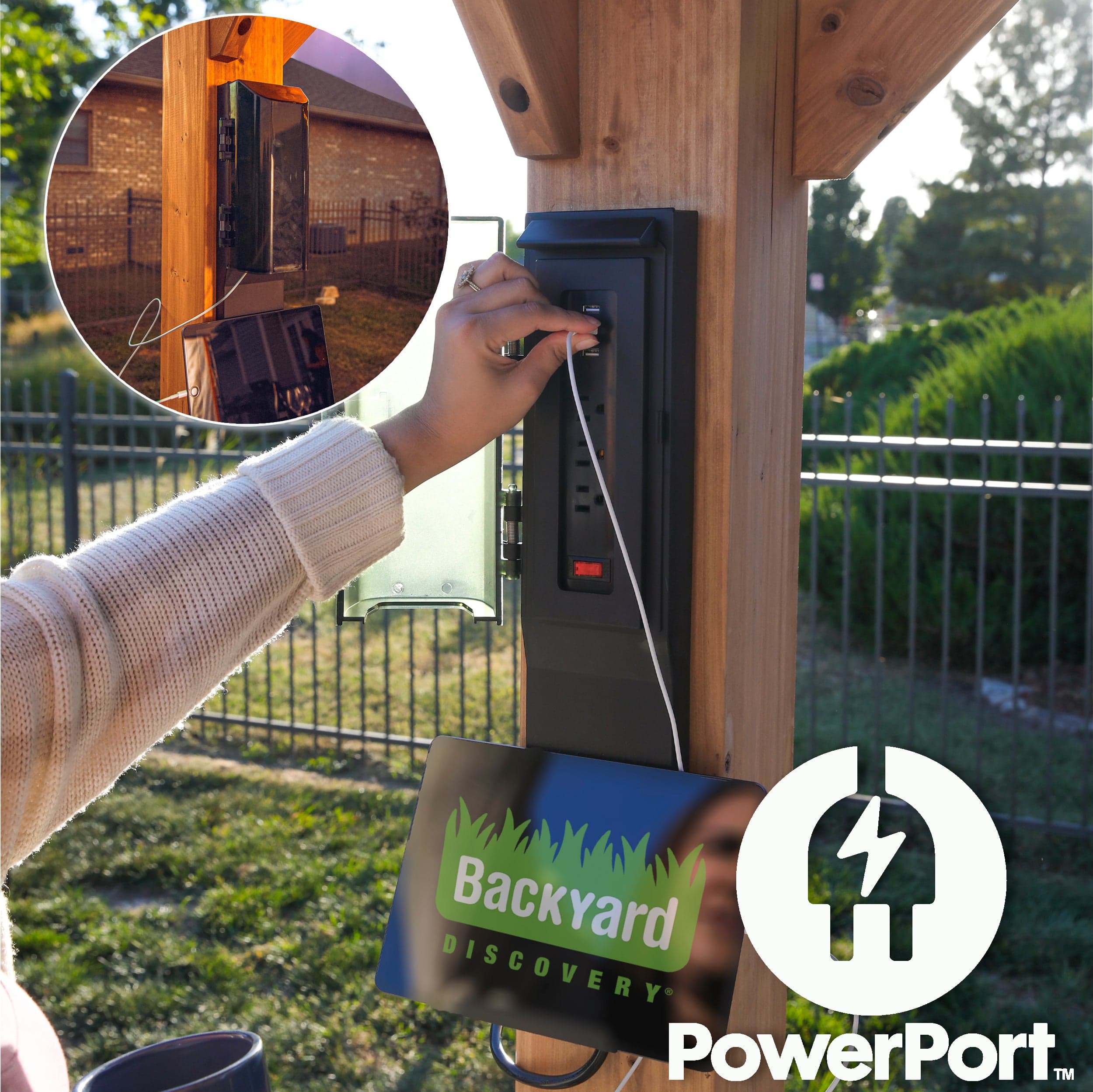 Included PowerPort fitted to a cedar post