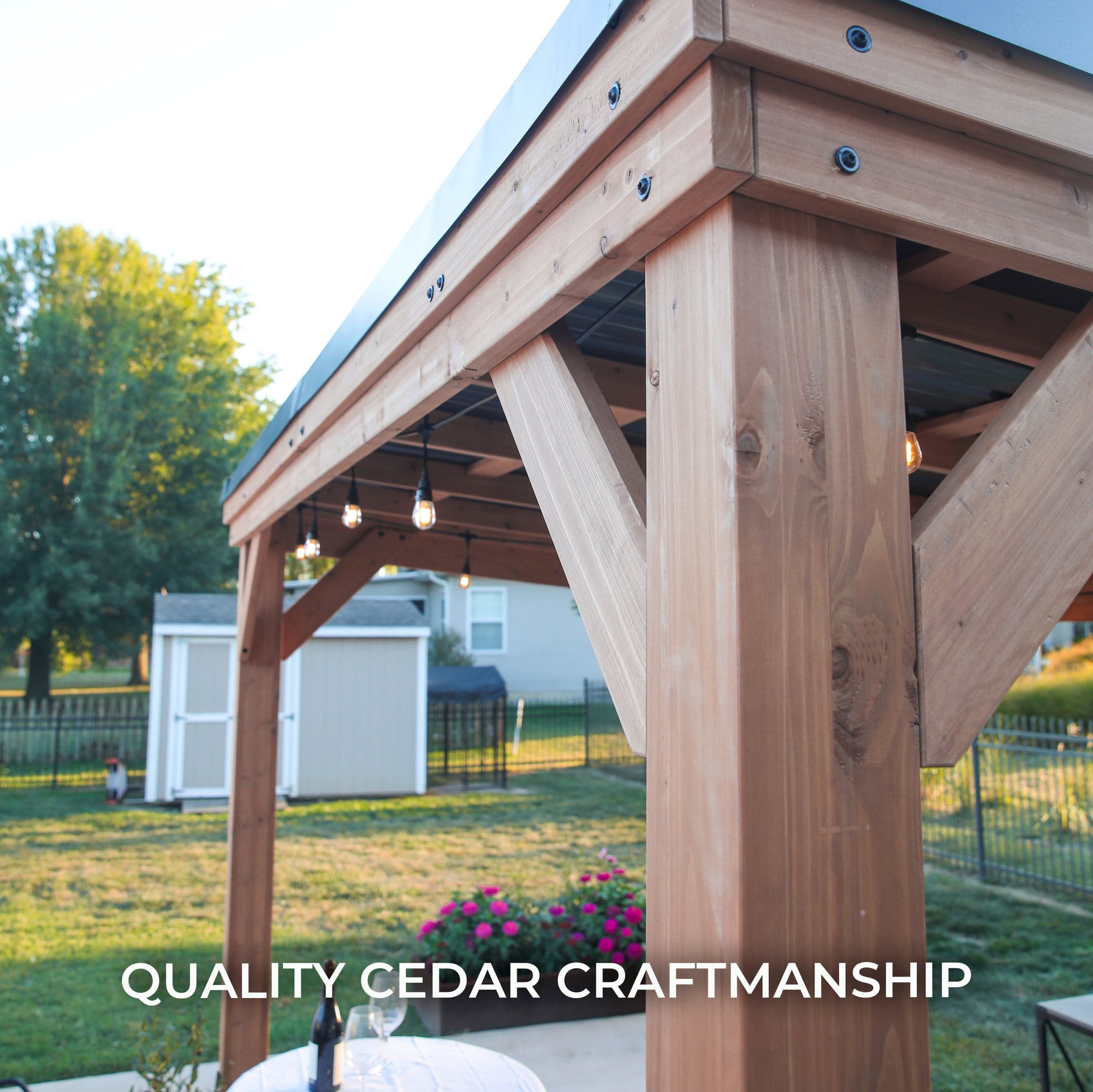 Close view of the cedar corner framing and roof edge