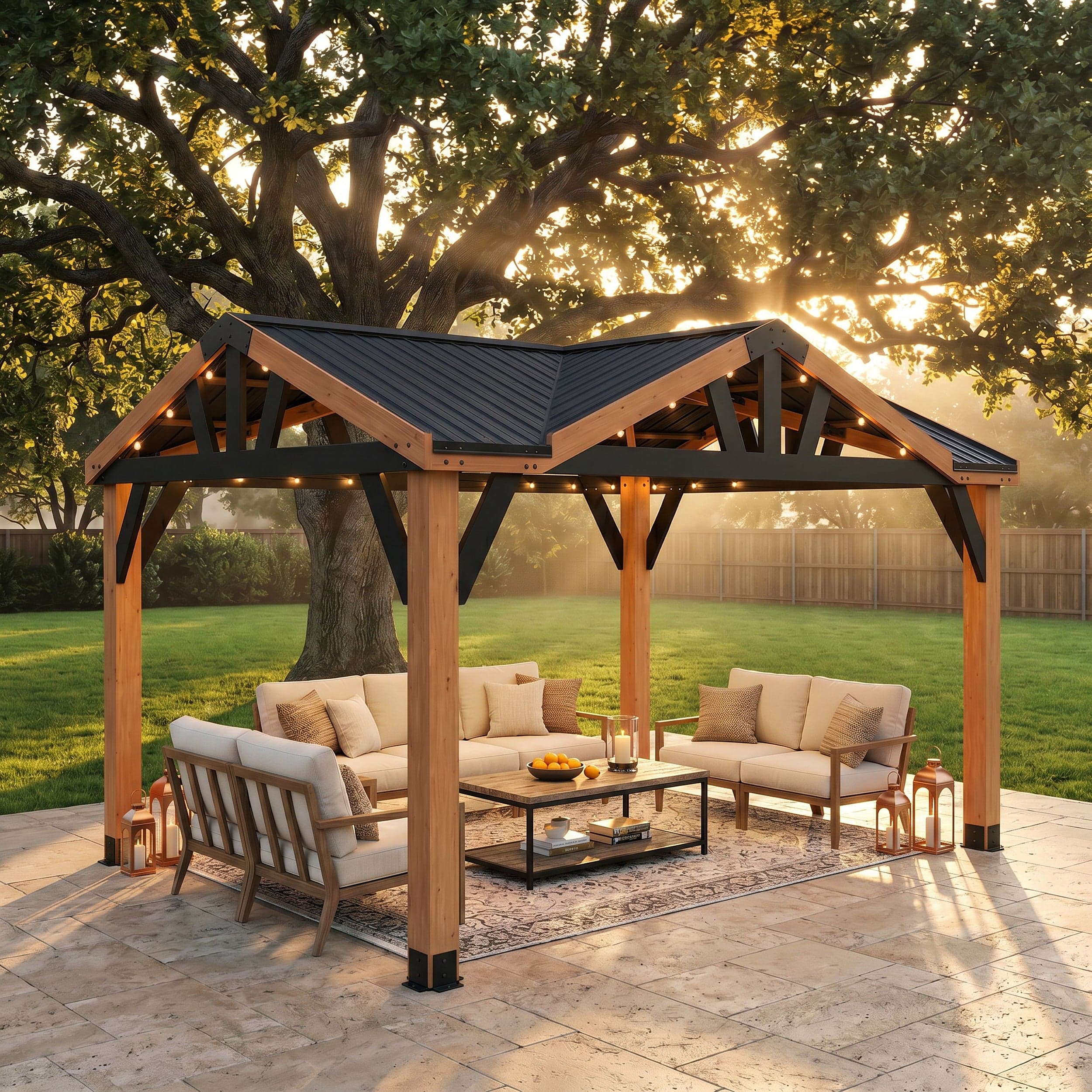 Crosswind gazebo with four gables shading an outdoor lounge