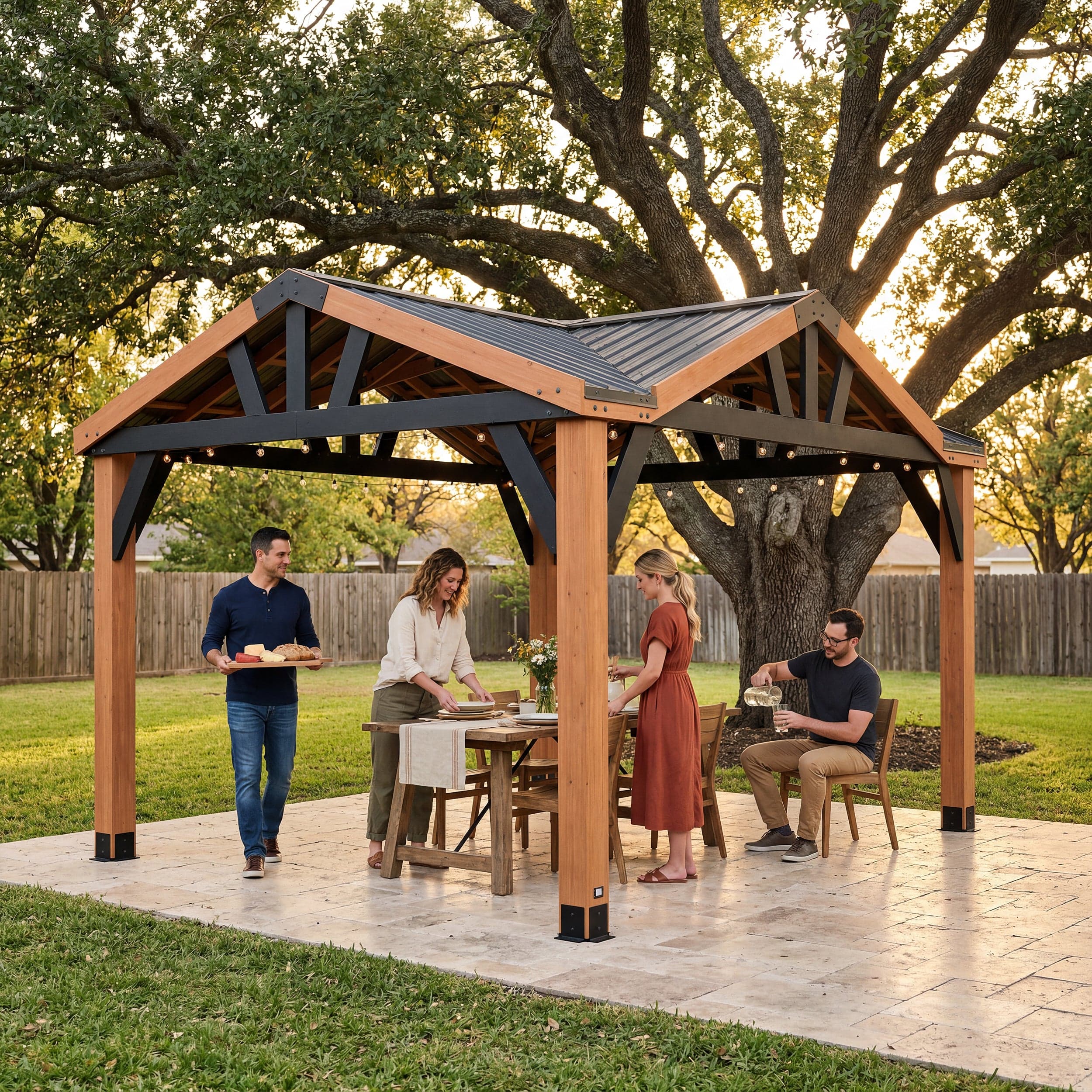 Crosswind gazebo used for outdoor dining in a landscaped yard