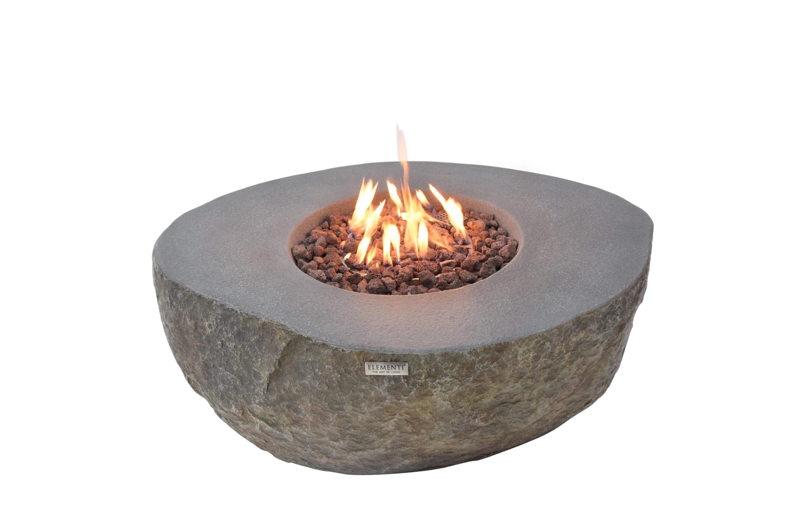 Boulder oval fire bowl with lava rock and flames