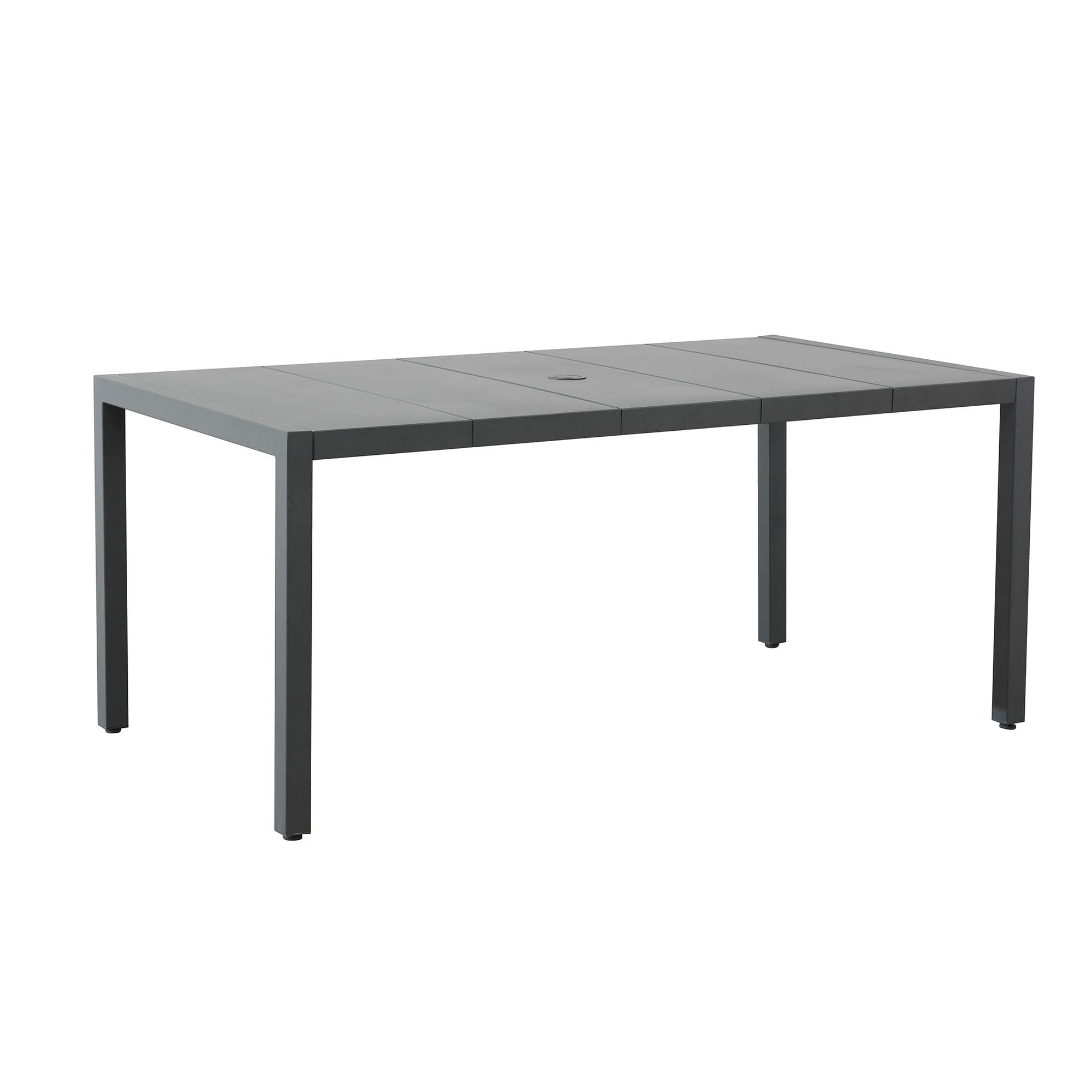 Ravenna Home Archer Outdoor Patio Steel Dining Table with Panel Top, 66.14"W, Gray — angled full table view.