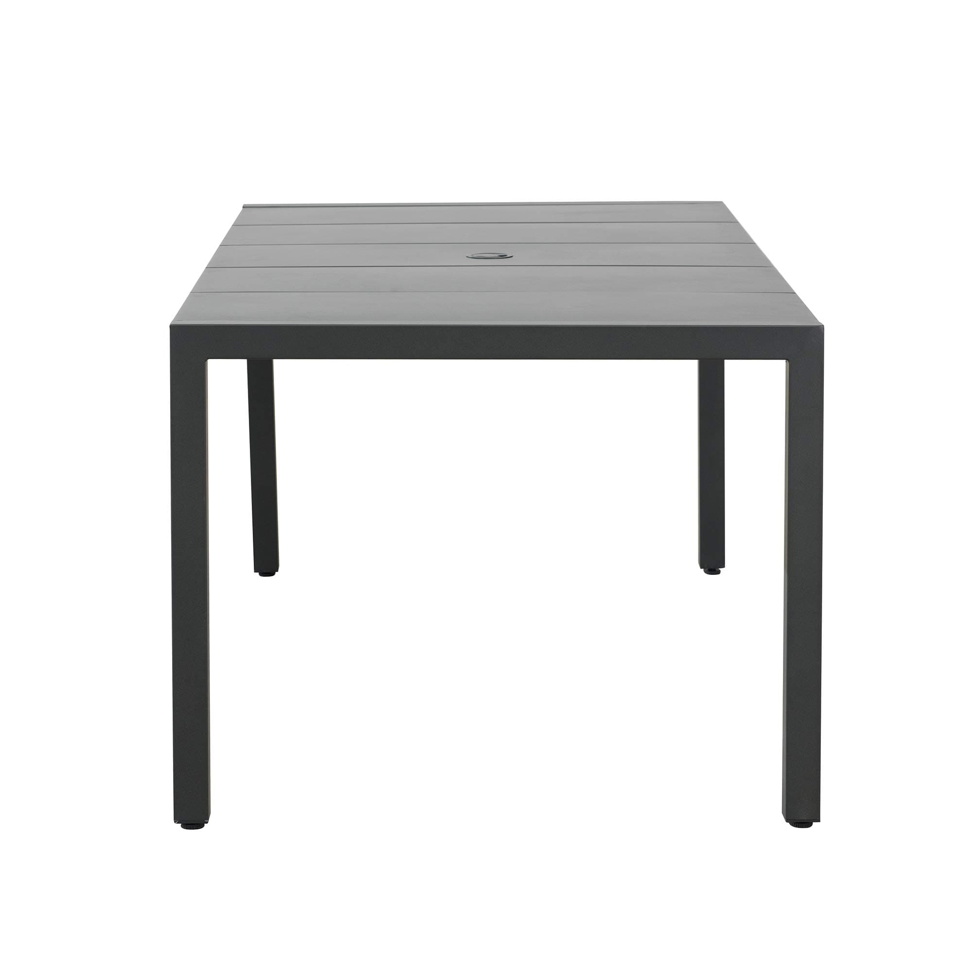 Ravenna Home Archer Outdoor Patio Steel Dining Table with Panel Top, 66.14"W, Gray — short-end view.