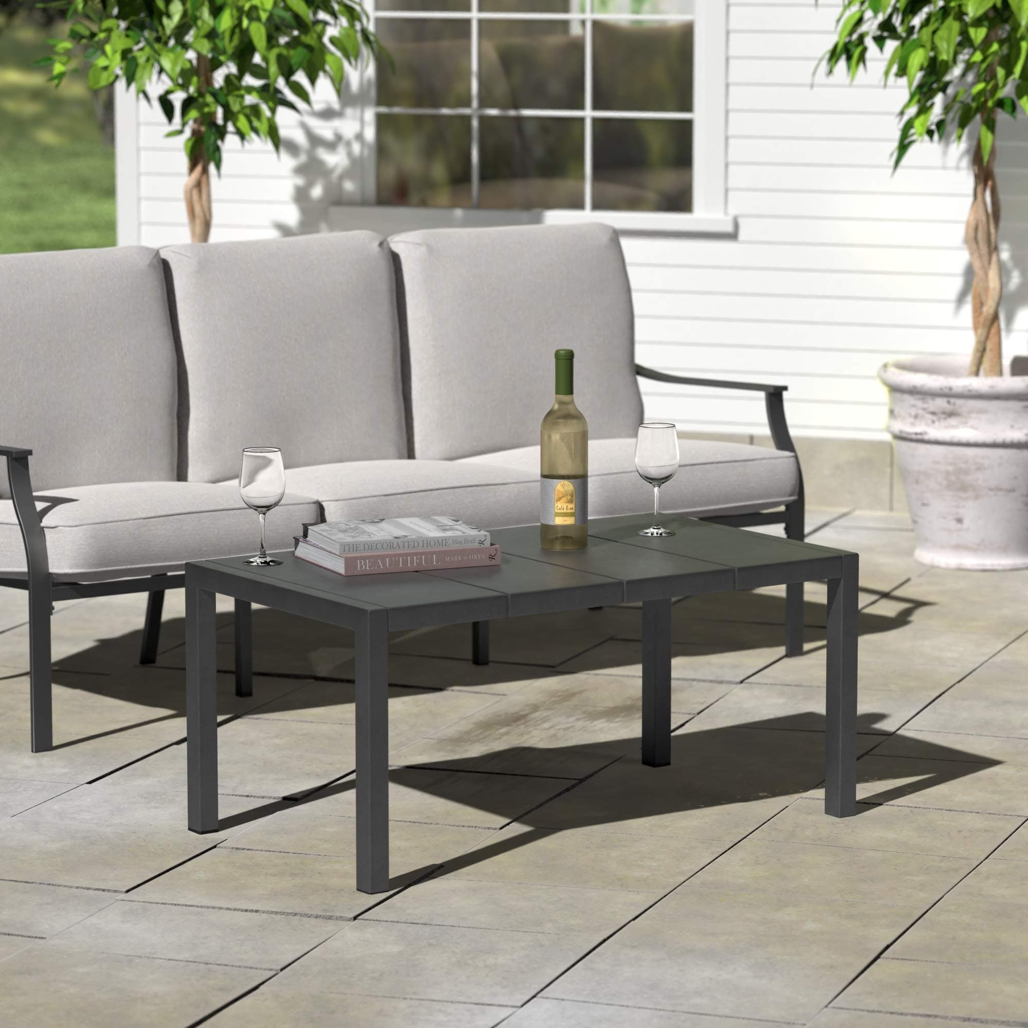 Ravenna Home Archer Outdoor Patio Steel Coffee Table with Panel Top, 38"W, Gray — coffee table beside outdoor sofa; sofa sold separately.