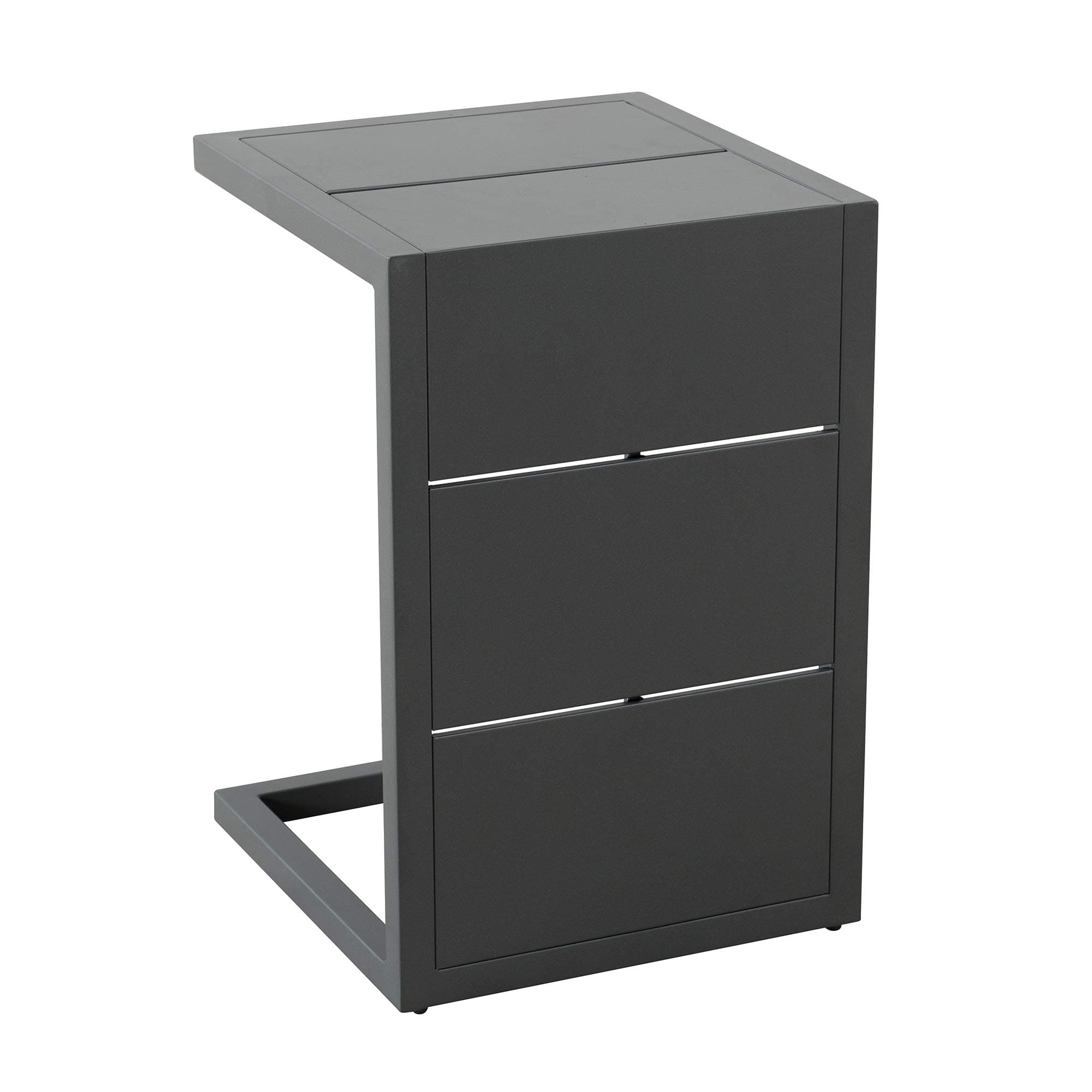 Ravenna Home Archer Outdoor Patio C-Shaped Steel Side Table with Panel Top, 16.54"W, Gray — angled full C-shaped table.