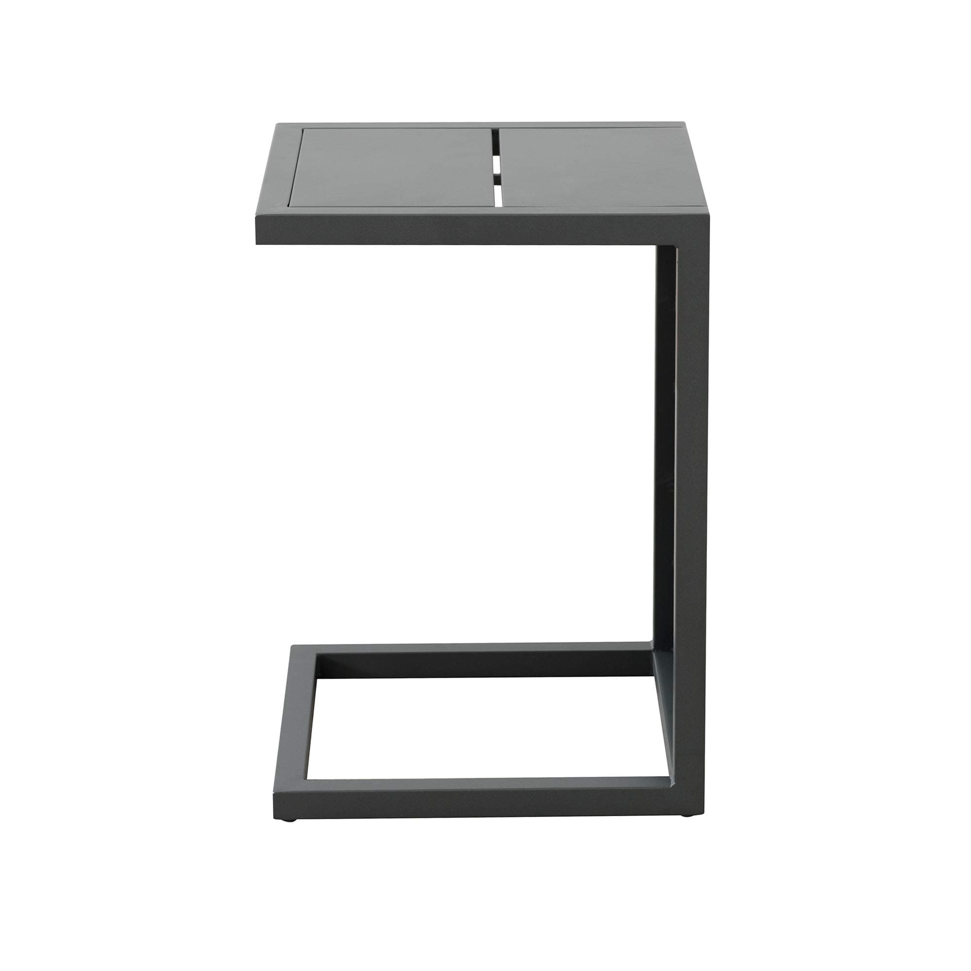 Ravenna Home Archer Outdoor Patio C-Shaped Steel Side Table with Panel Top, 16.54"W, Gray — open side in profile.